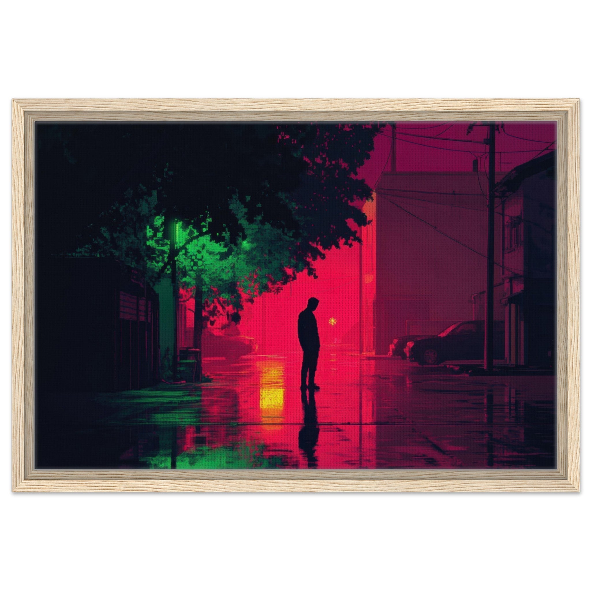 Framed Canvas Landscape - A city where neon lights create impossible rifle 4 - Shop Ai Art WebShop - Digital Art online Store