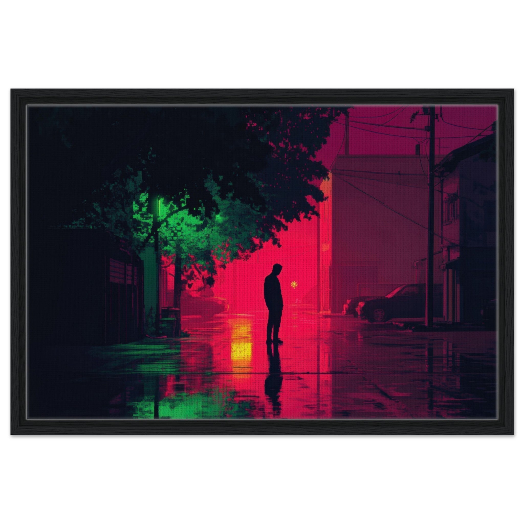 Framed Canvas Landscape - A city where neon lights create impossible rifle 4 - Shop Ai Art WebShop - Digital Art online Store