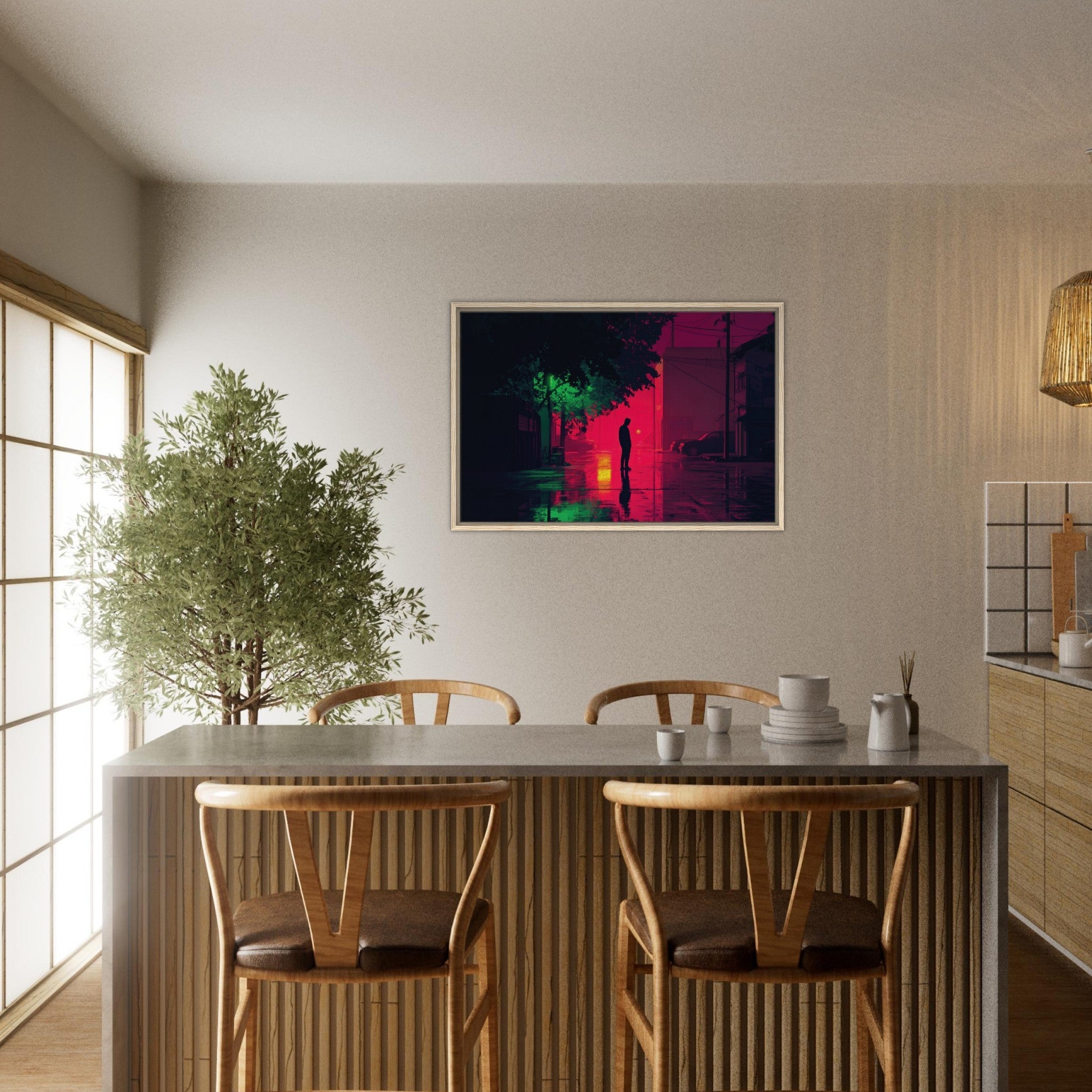 Framed Canvas Landscape - A city where neon lights create impossible rifle 4 - Shop Ai Art WebShop - Digital Art online Store