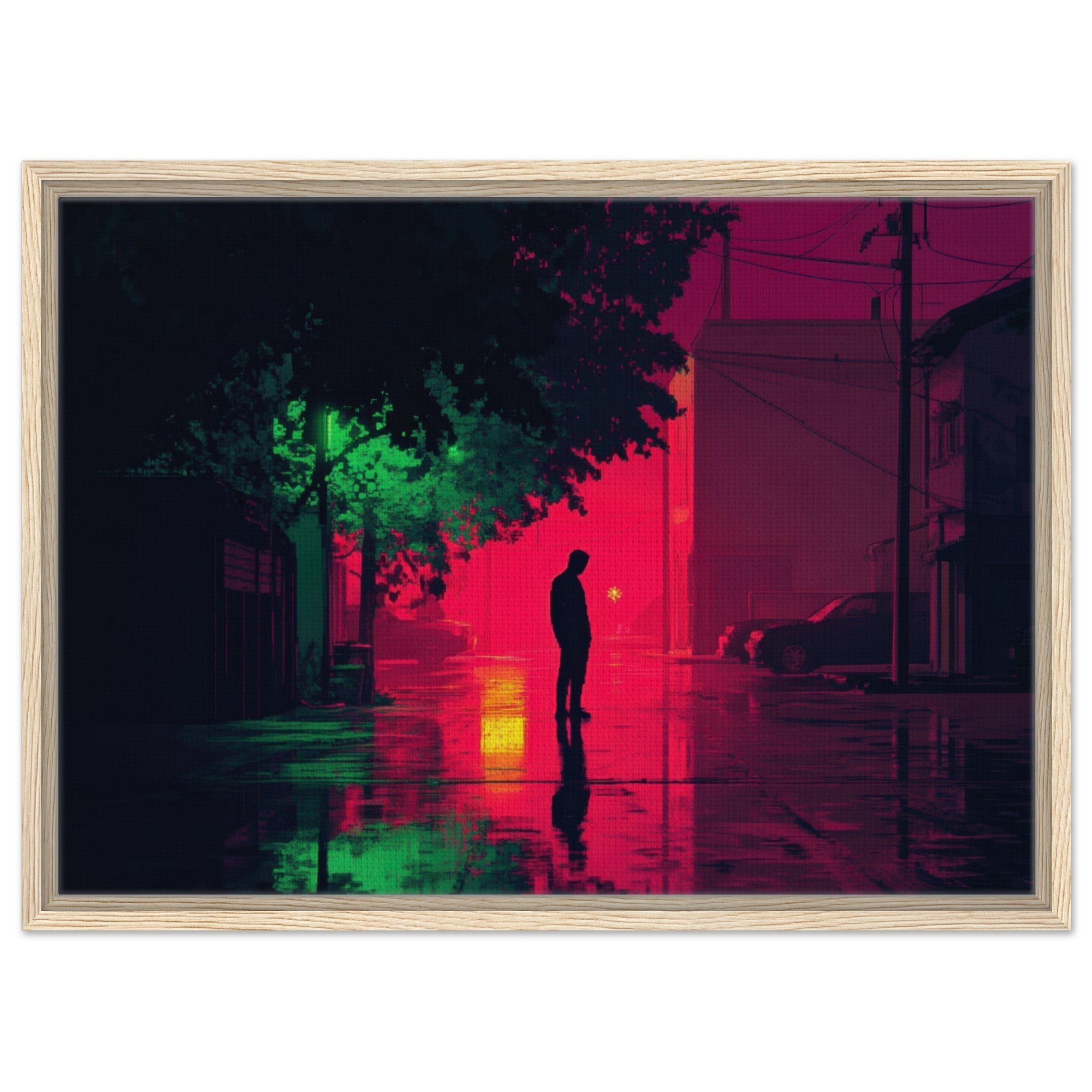 Framed Canvas Landscape - A city where neon lights create impossible rifle 4 - Shop Ai Art WebShop - Digital Art online Store