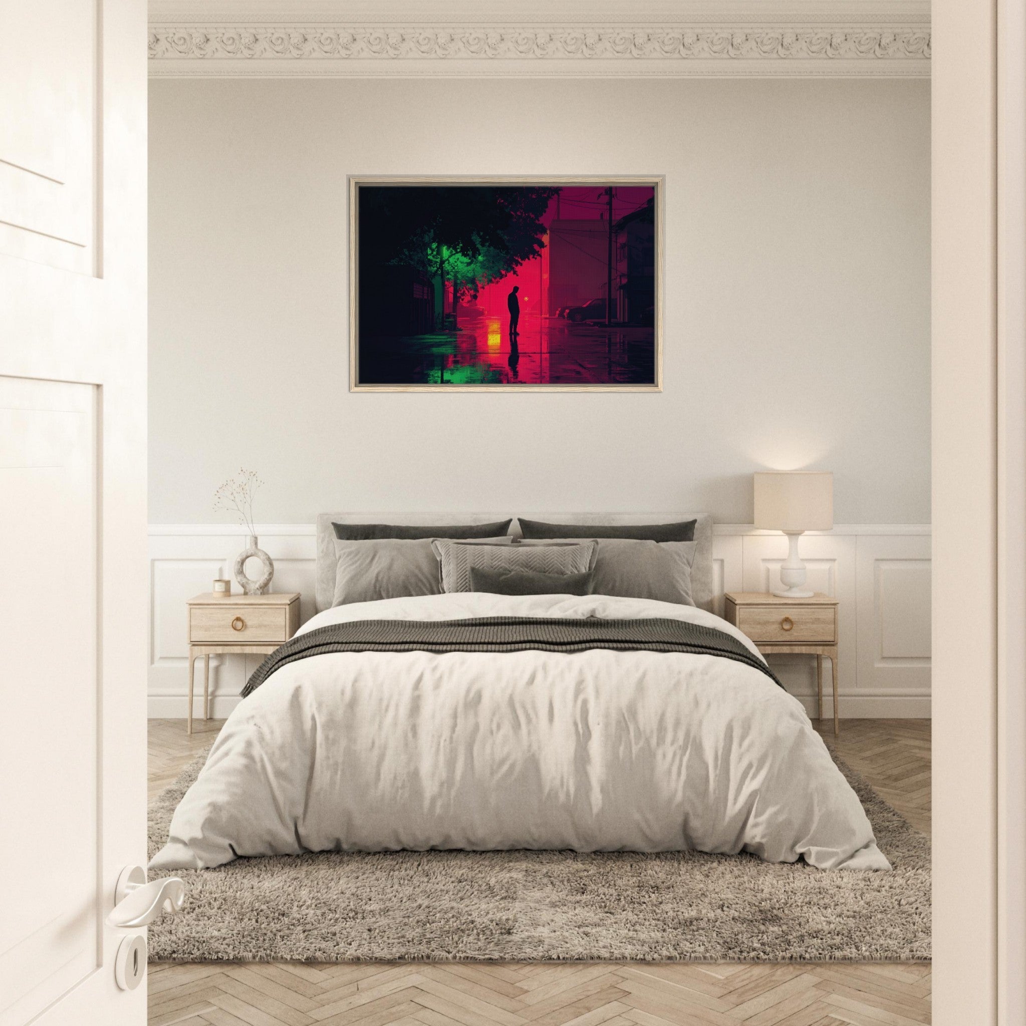 Framed Canvas Landscape - A city where neon lights create impossible rifle 4 - Shop Ai Art WebShop - Digital Art online Store