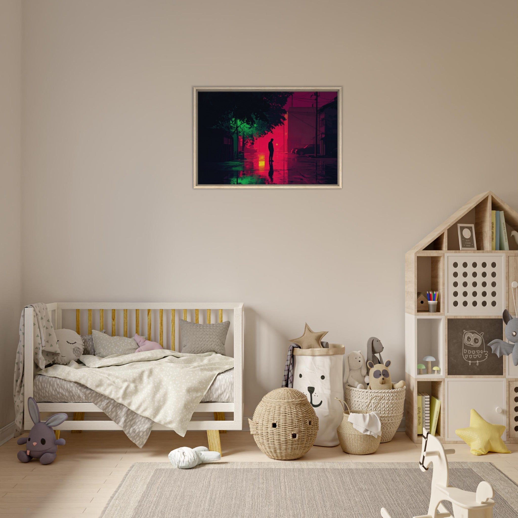 Framed Canvas Landscape - A city where neon lights create impossible rifle 4 - Shop Ai Art WebShop - Digital Art online Store