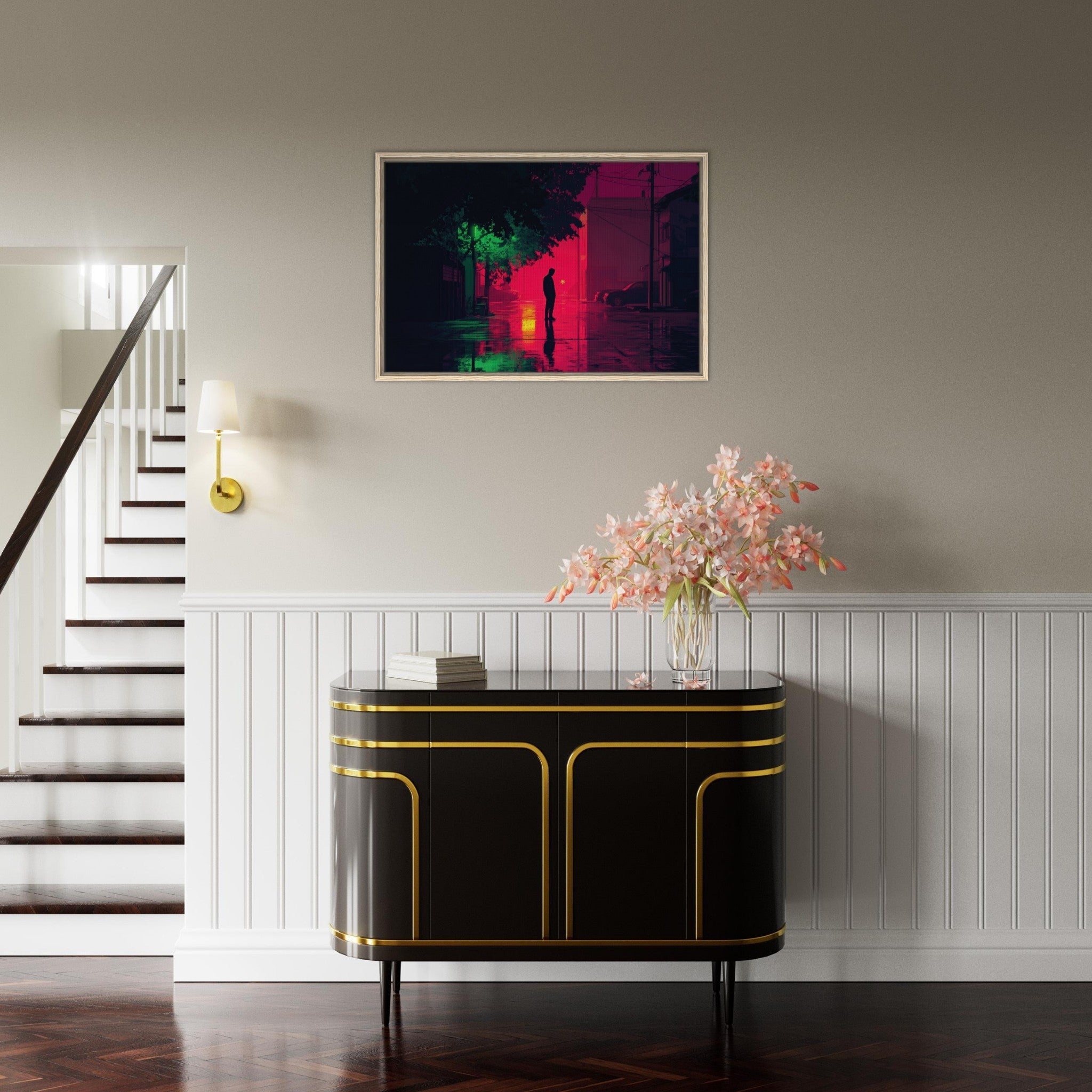 Framed Canvas Landscape - A city where neon lights create impossible rifle 4 - Shop Ai Art WebShop - Digital Art online Store