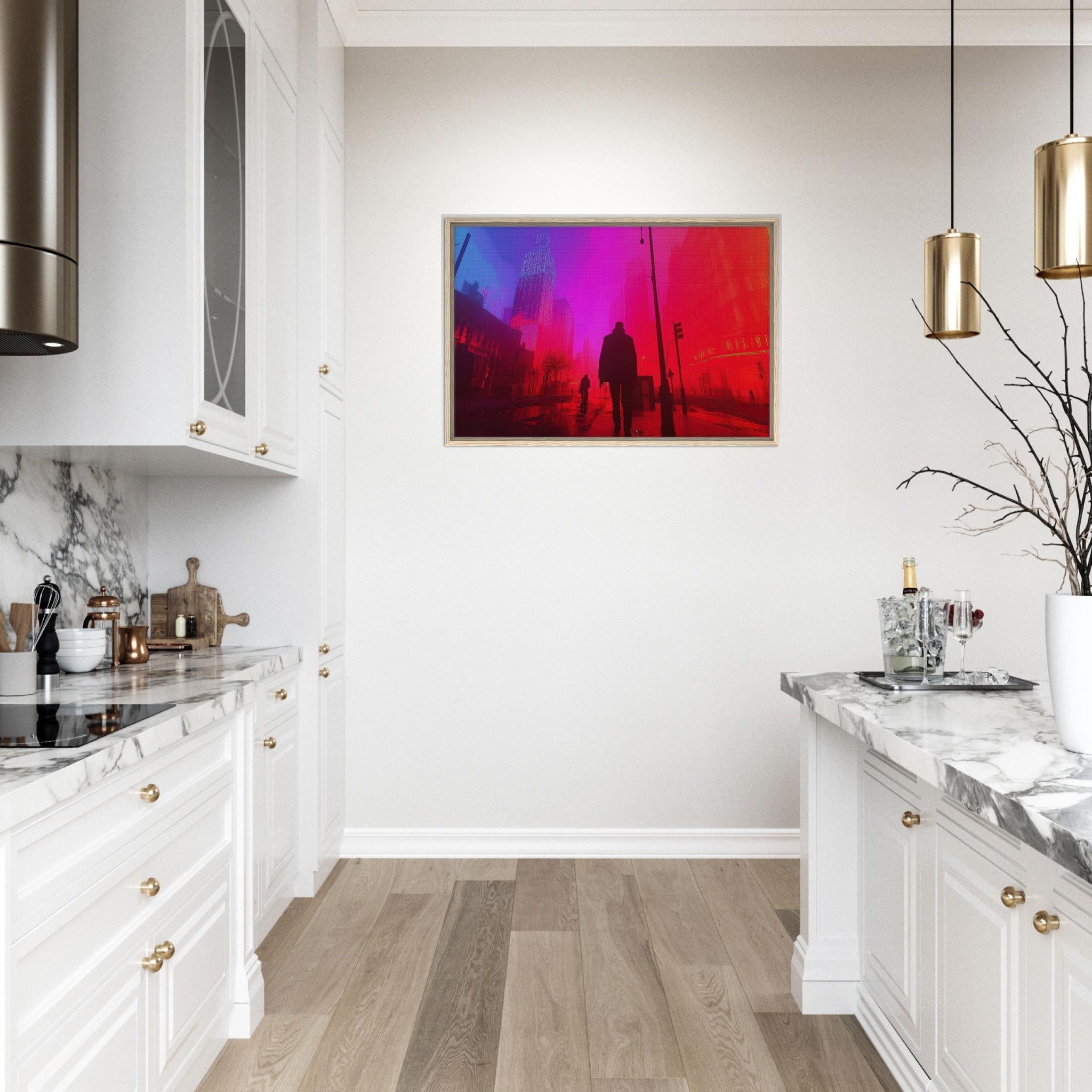 Framed Canvas Landscape - A city where neon lights create impossible rifle - Shop Ai Art WebShop - Digital Art online Store