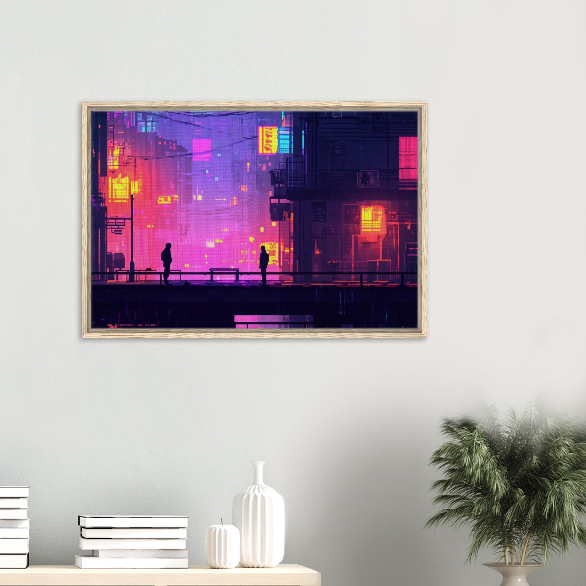 Framed Canvas Landscape - A city where neon lights create impossible rifle 5 - Shop Ai Art WebShop - Digital Art online Store