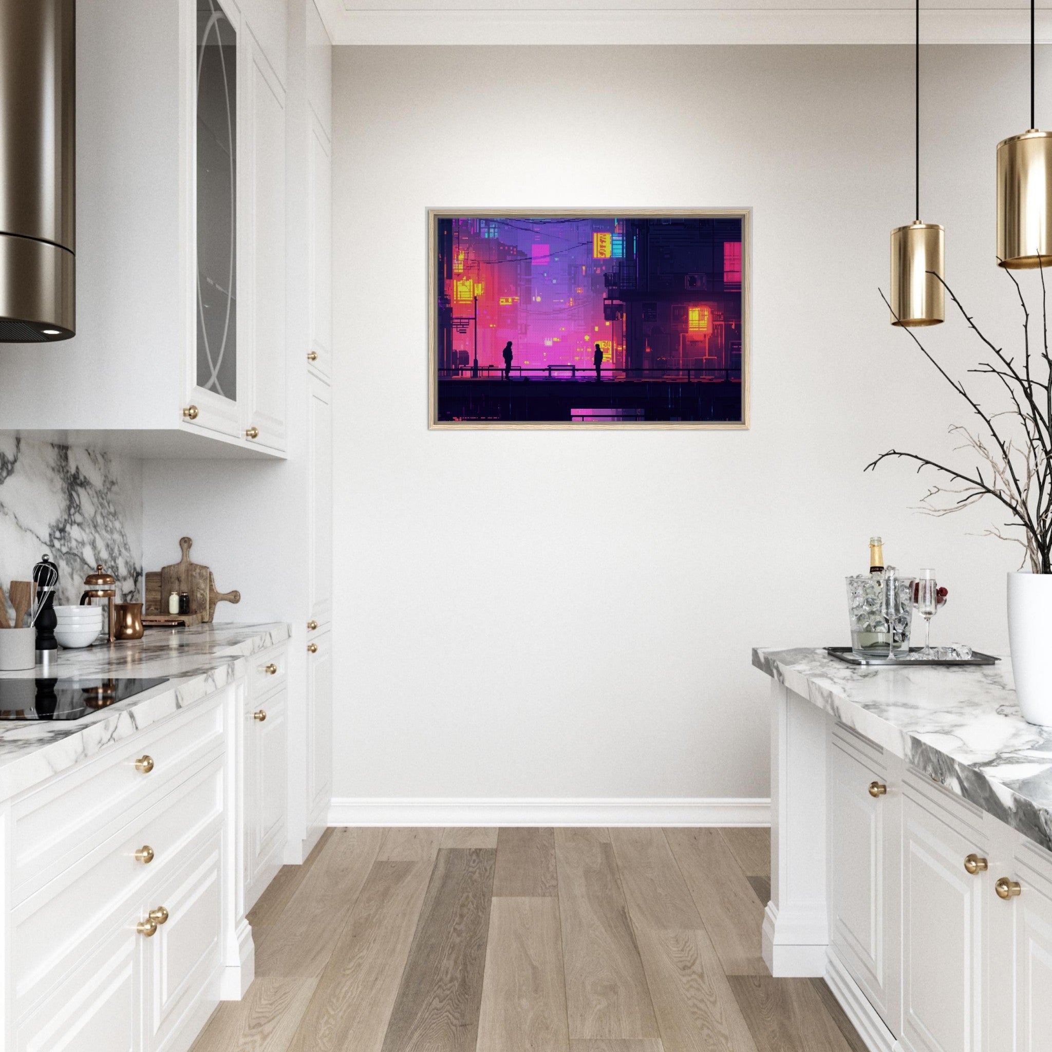 Framed Canvas Landscape - A city where neon lights create impossible rifle 5 - Shop Ai Art WebShop - Digital Art online Store