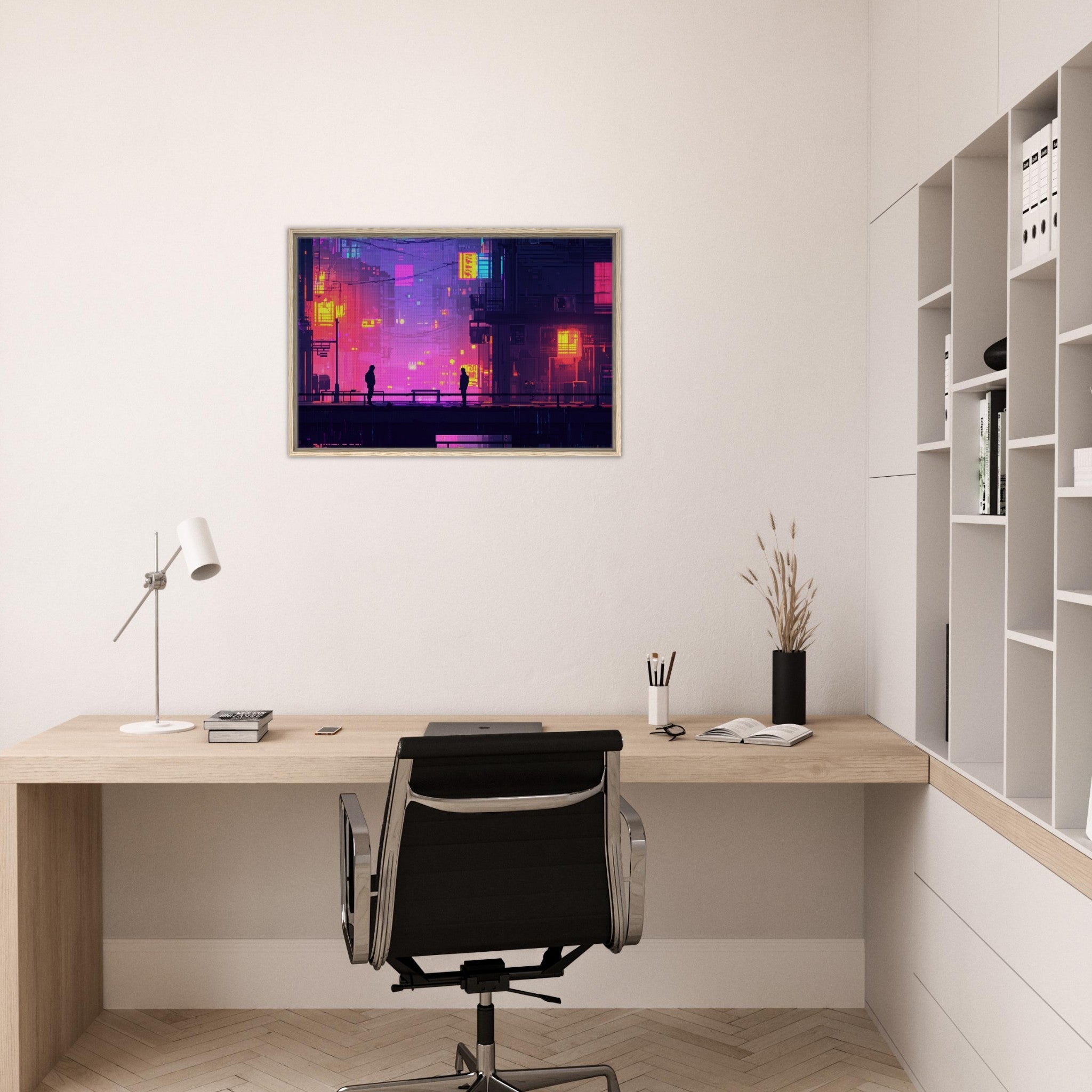 Framed Canvas Landscape - A city where neon lights create impossible rifle 5 - Shop Ai Art WebShop - Digital Art online Store