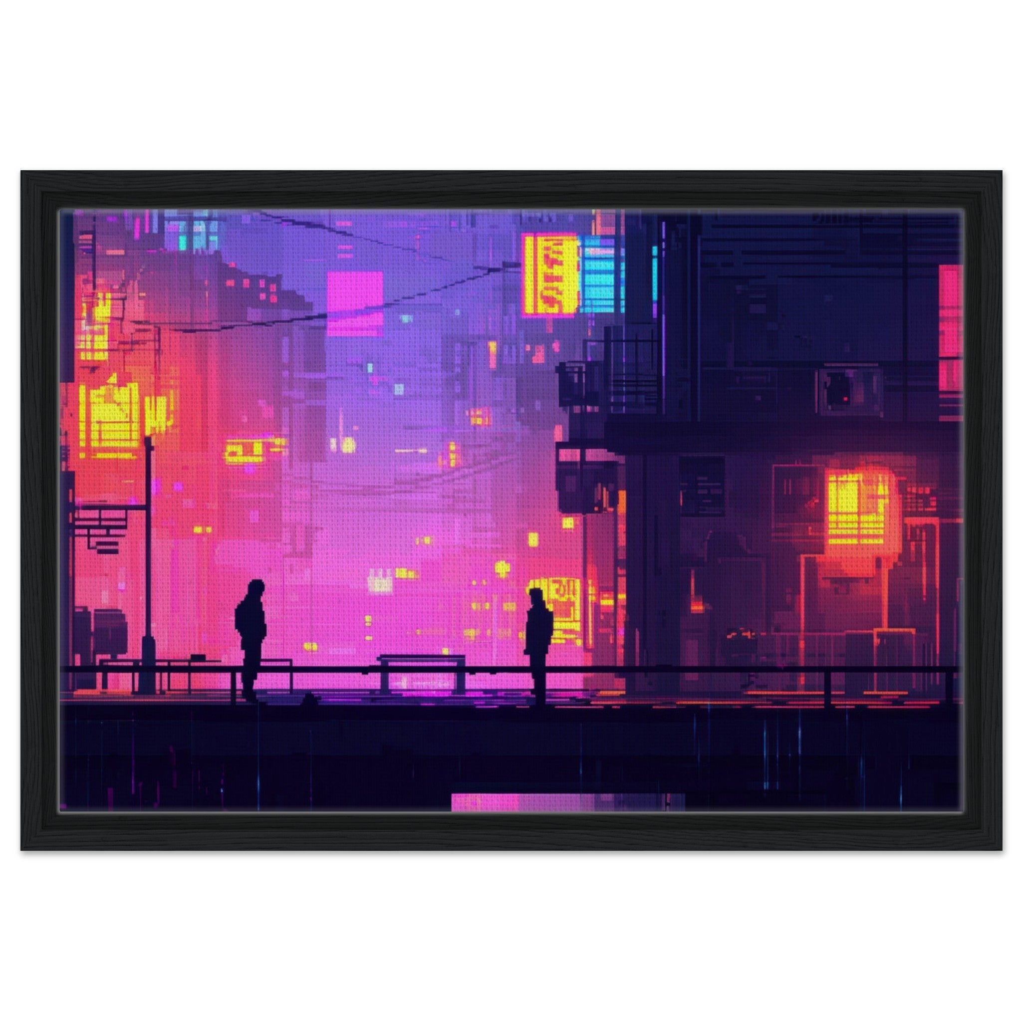 Framed Canvas Landscape - A city where neon lights create impossible rifle 5 - Shop Ai Art WebShop - Digital Art online Store