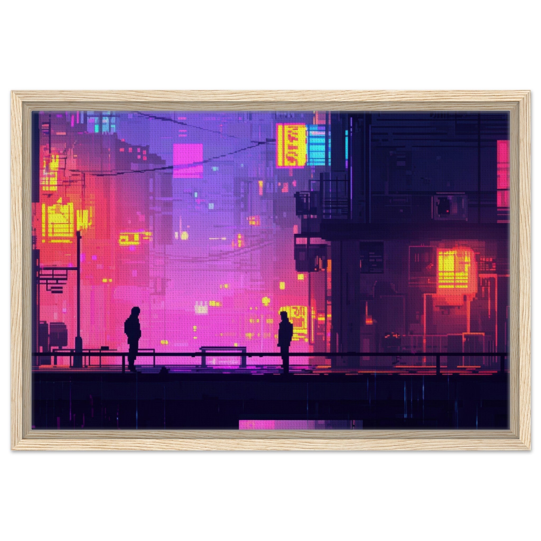Framed Canvas Landscape - A city where neon lights create impossible rifle 5 - Shop Ai Art WebShop - Digital Art online Store