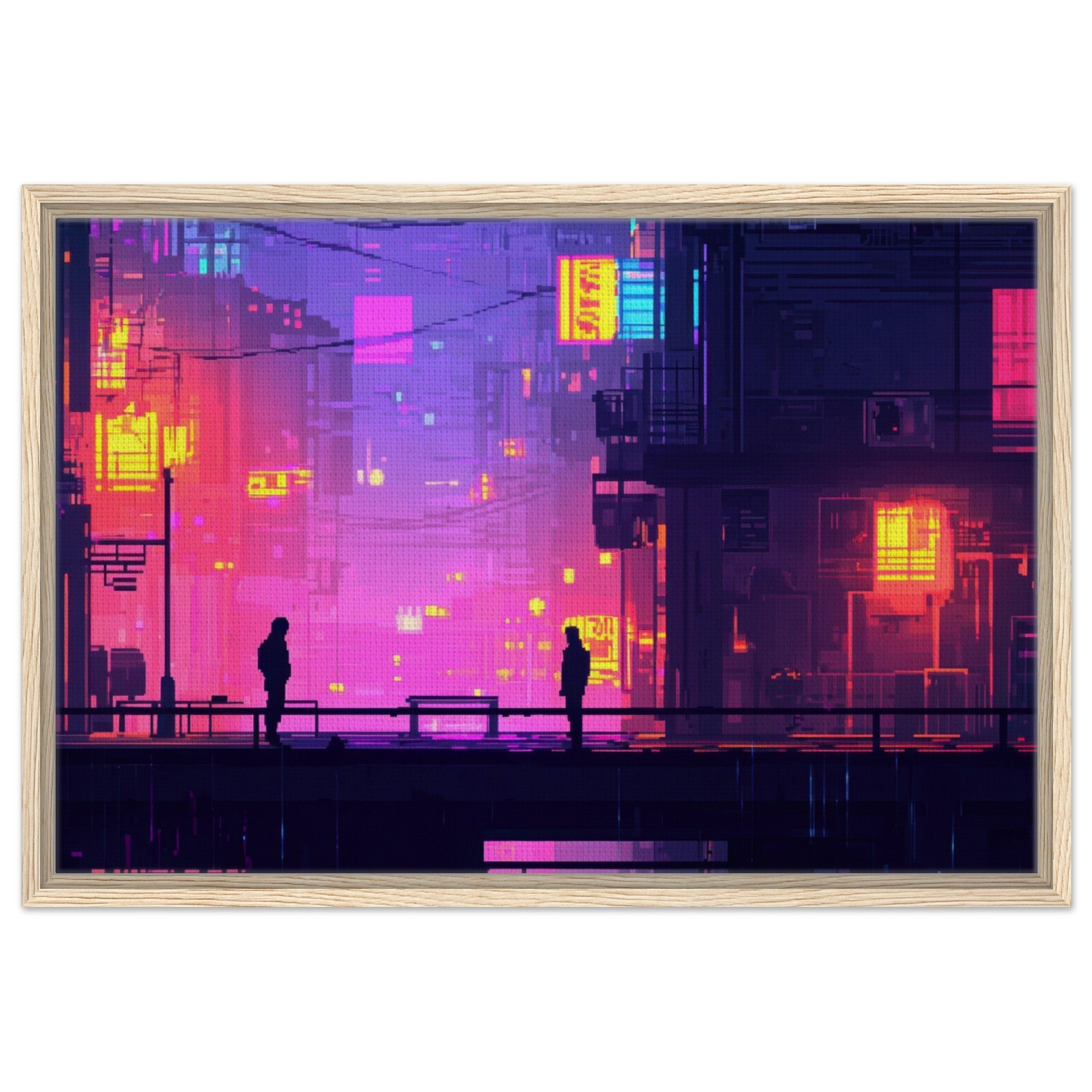 Framed Canvas Landscape - A city where neon lights create impossible rifle 5 - Shop Ai Art WebShop - Digital Art online Store