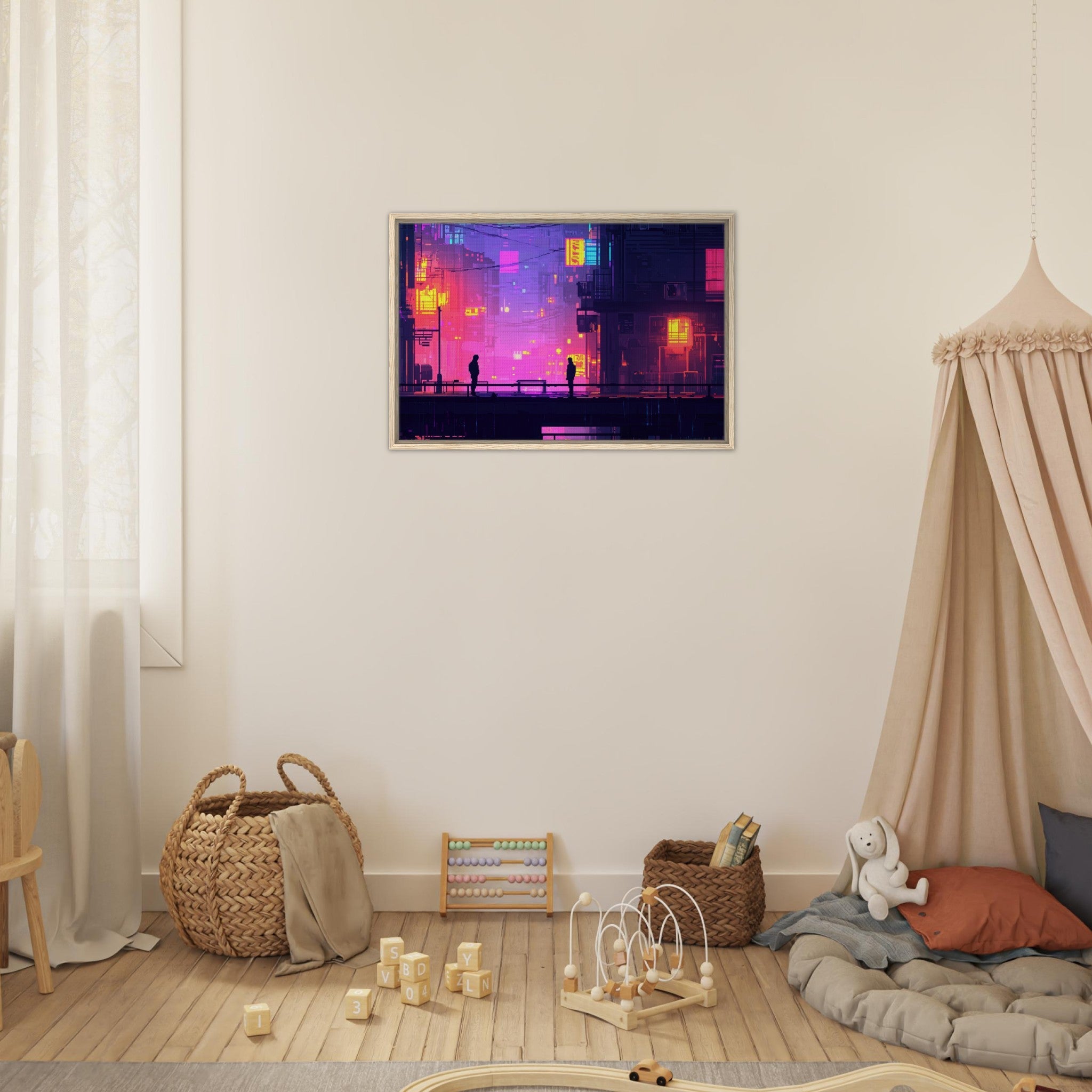 Framed Canvas Landscape - A city where neon lights create impossible rifle 5 - Shop Ai Art WebShop - Digital Art online Store