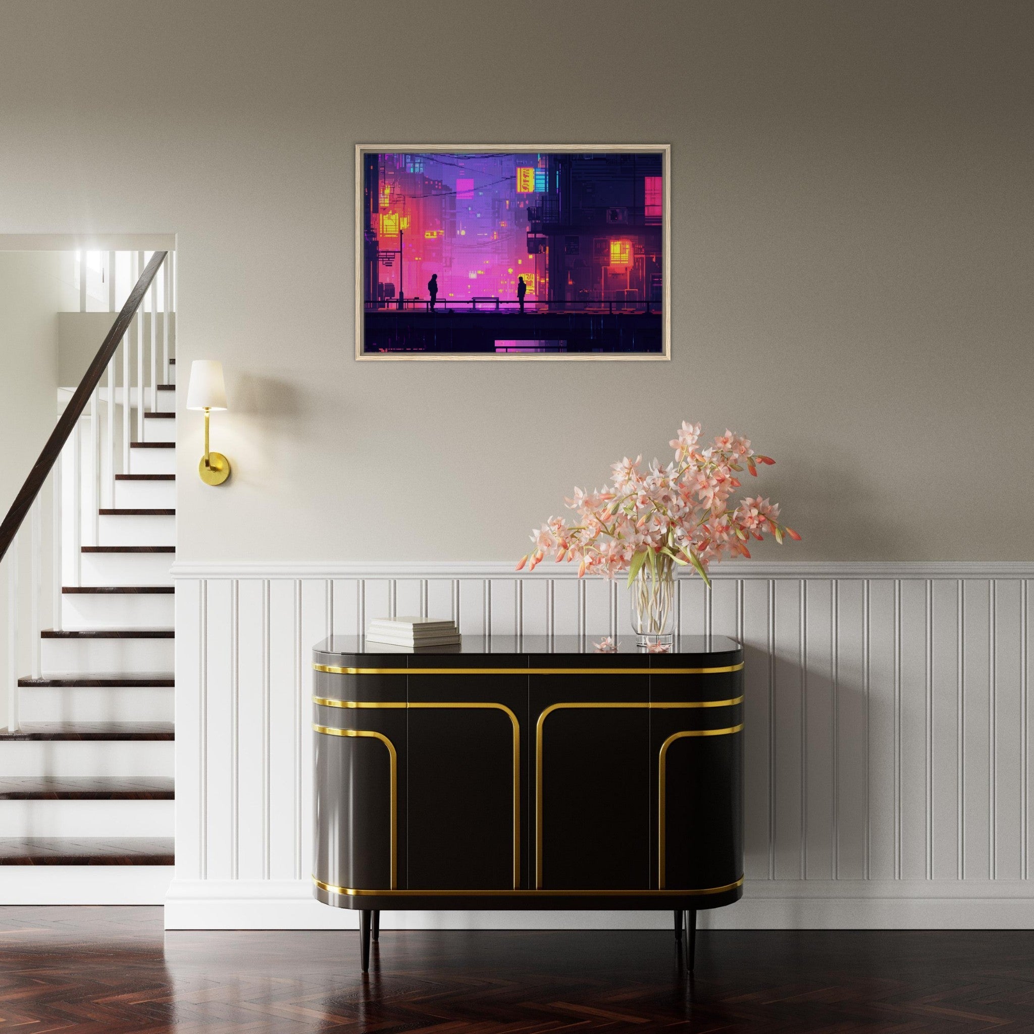 Framed Canvas Landscape - A city where neon lights create impossible rifle 5 - Shop Ai Art WebShop - Digital Art online Store