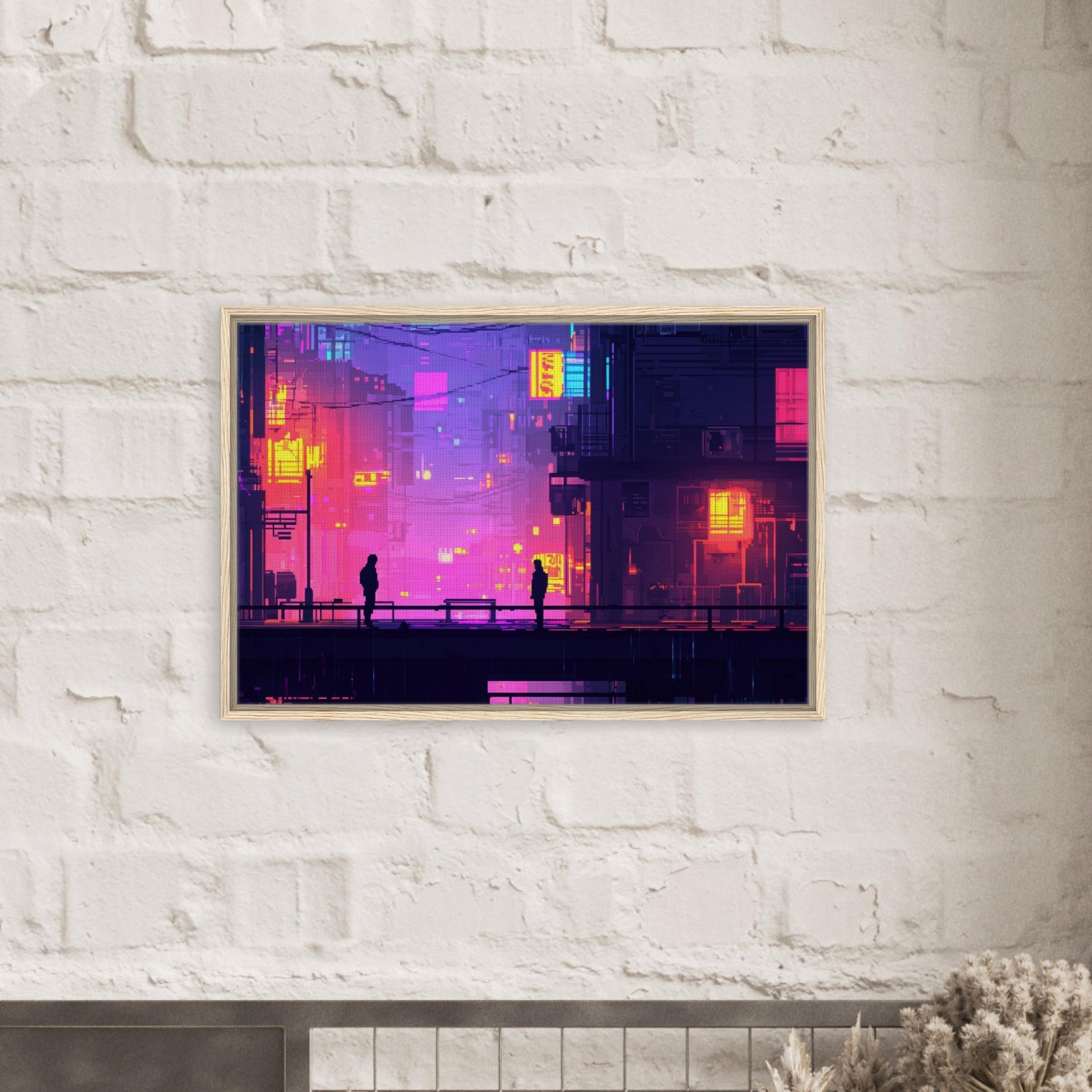 Framed Canvas Landscape - A city where neon lights create impossible rifle 5 - Shop Ai Art WebShop - Digital Art online Store