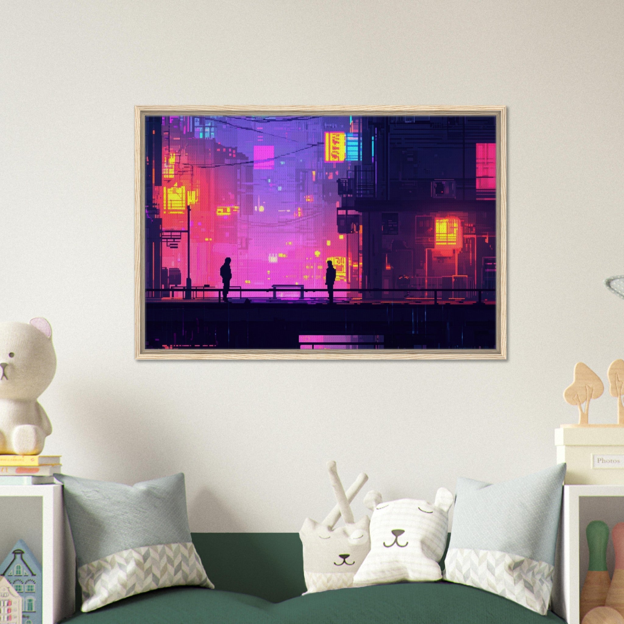 Framed Canvas Landscape - A city where neon lights create impossible rifle 5 - Shop Ai Art WebShop - Digital Art online Store