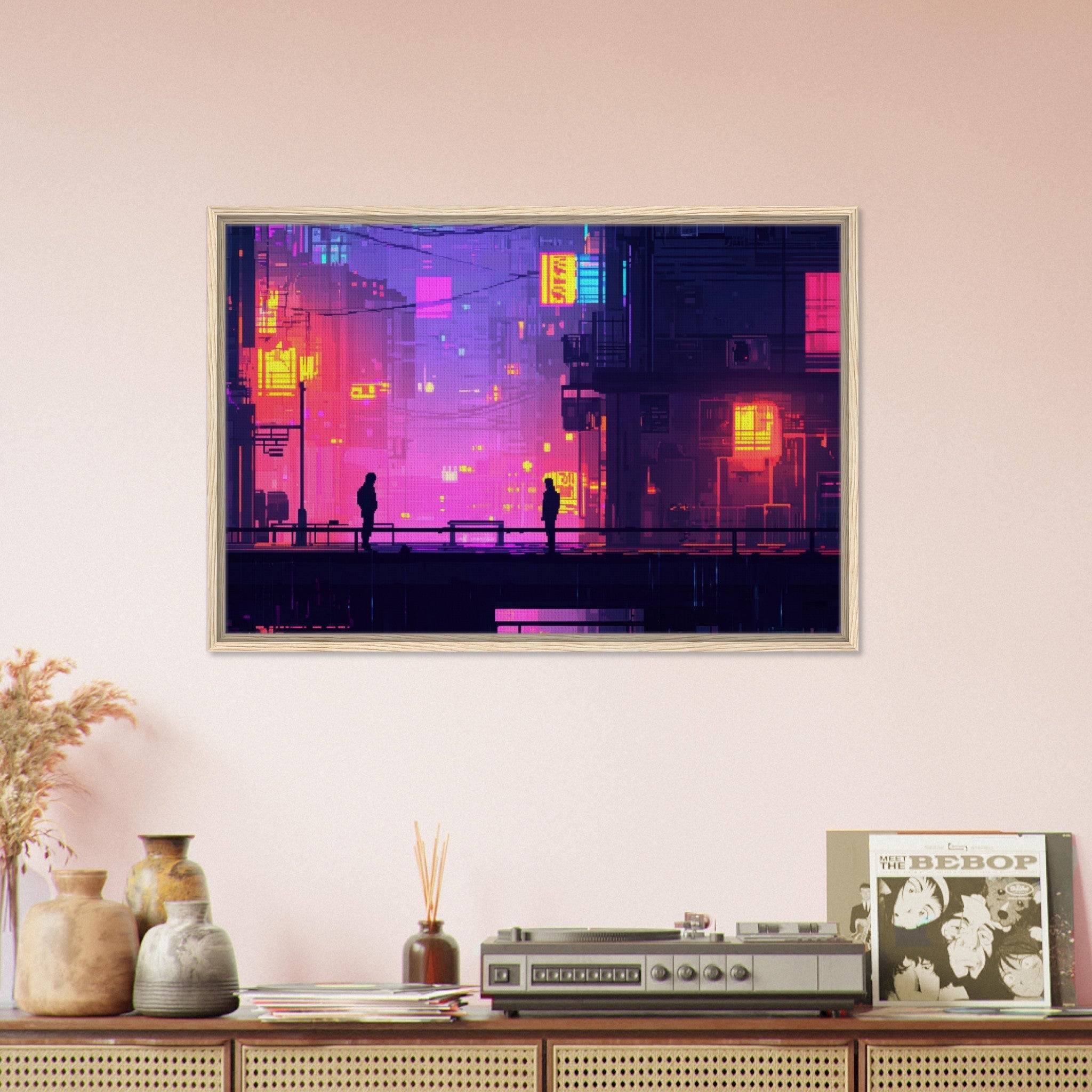 Framed Canvas Landscape - A city where neon lights create impossible rifle 5 - Shop Ai Art WebShop - Digital Art online Store