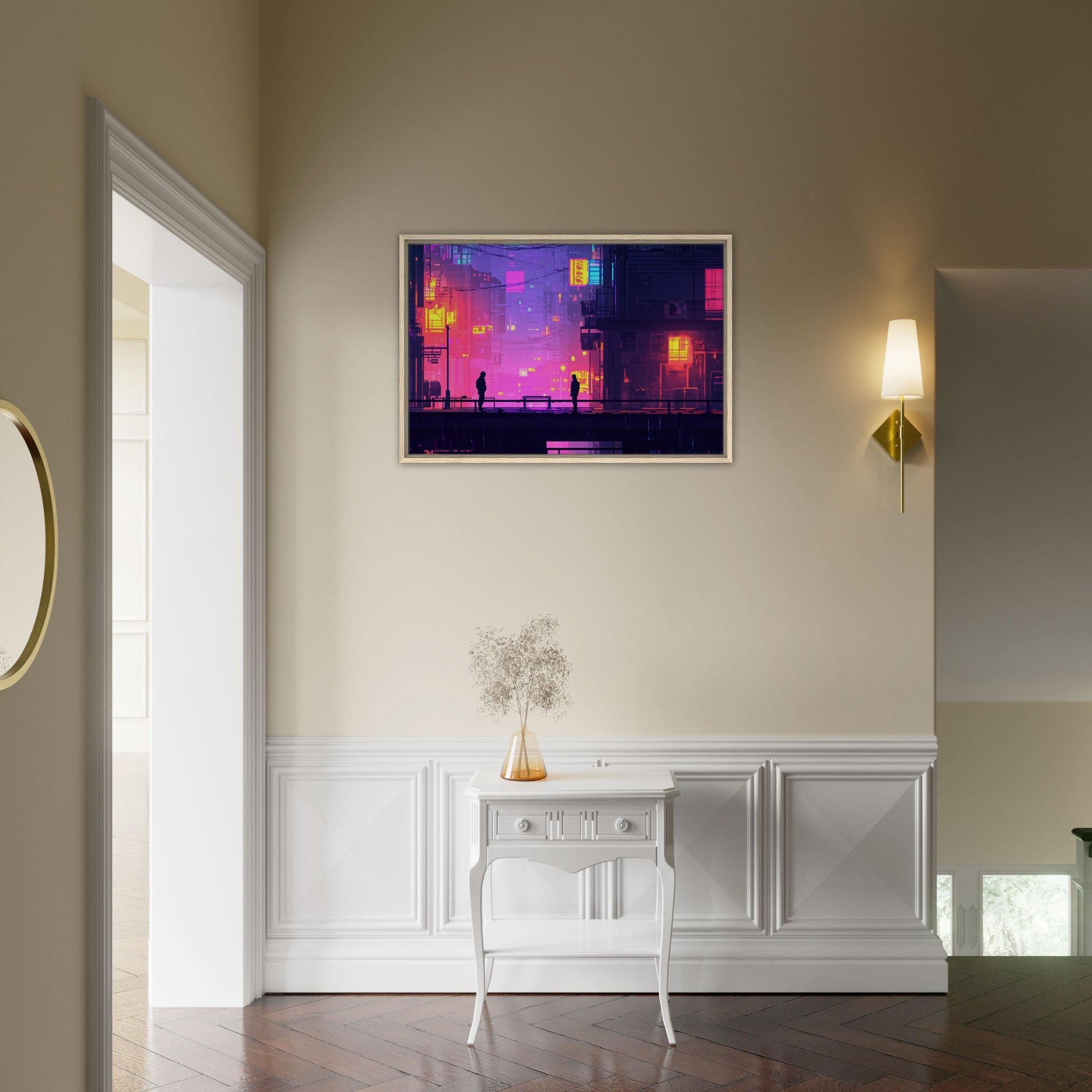 Framed Canvas Landscape - A city where neon lights create impossible rifle 5 - Shop Ai Art WebShop - Digital Art online Store