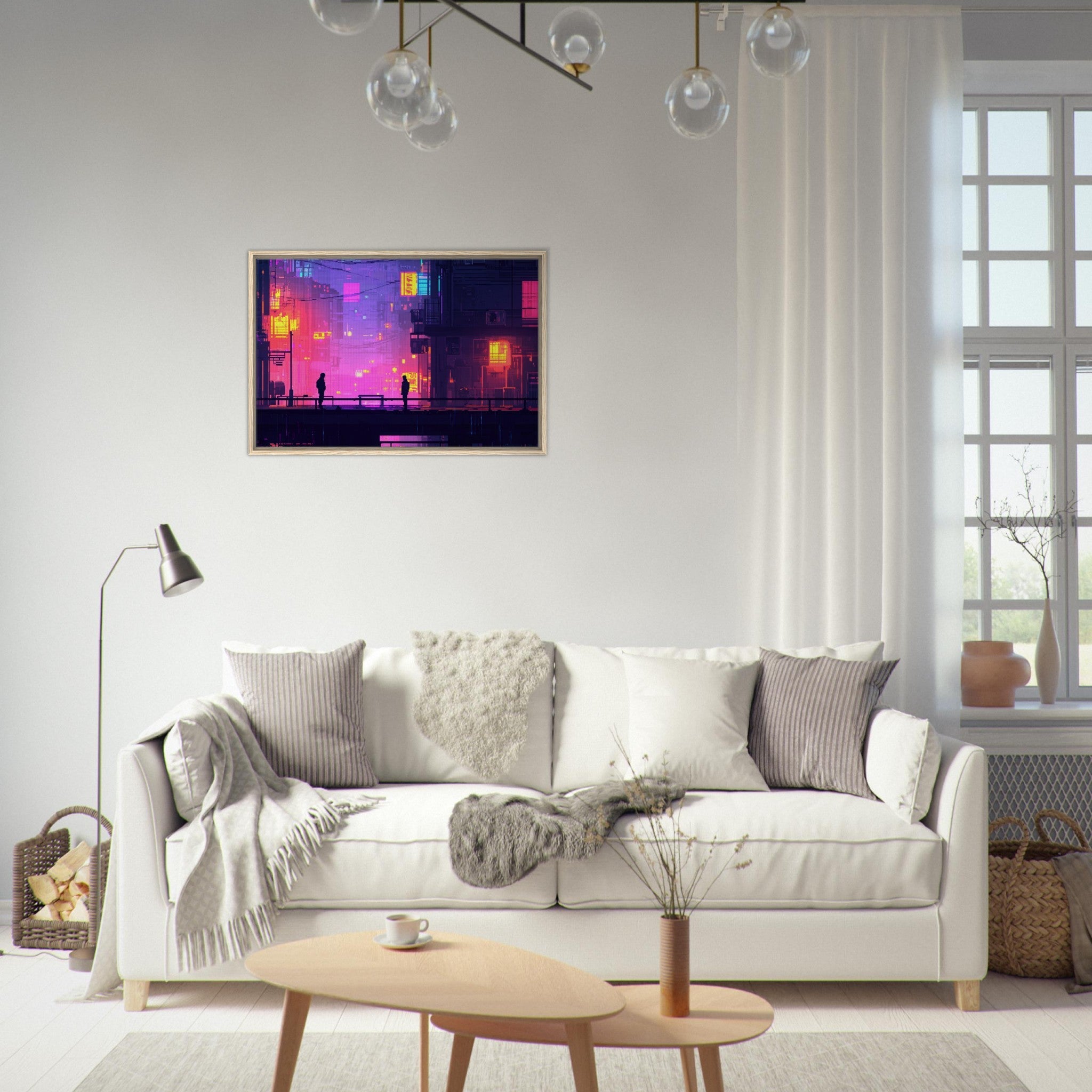 Framed Canvas Landscape - A city where neon lights create impossible rifle 5 - Shop Ai Art WebShop - Digital Art online Store