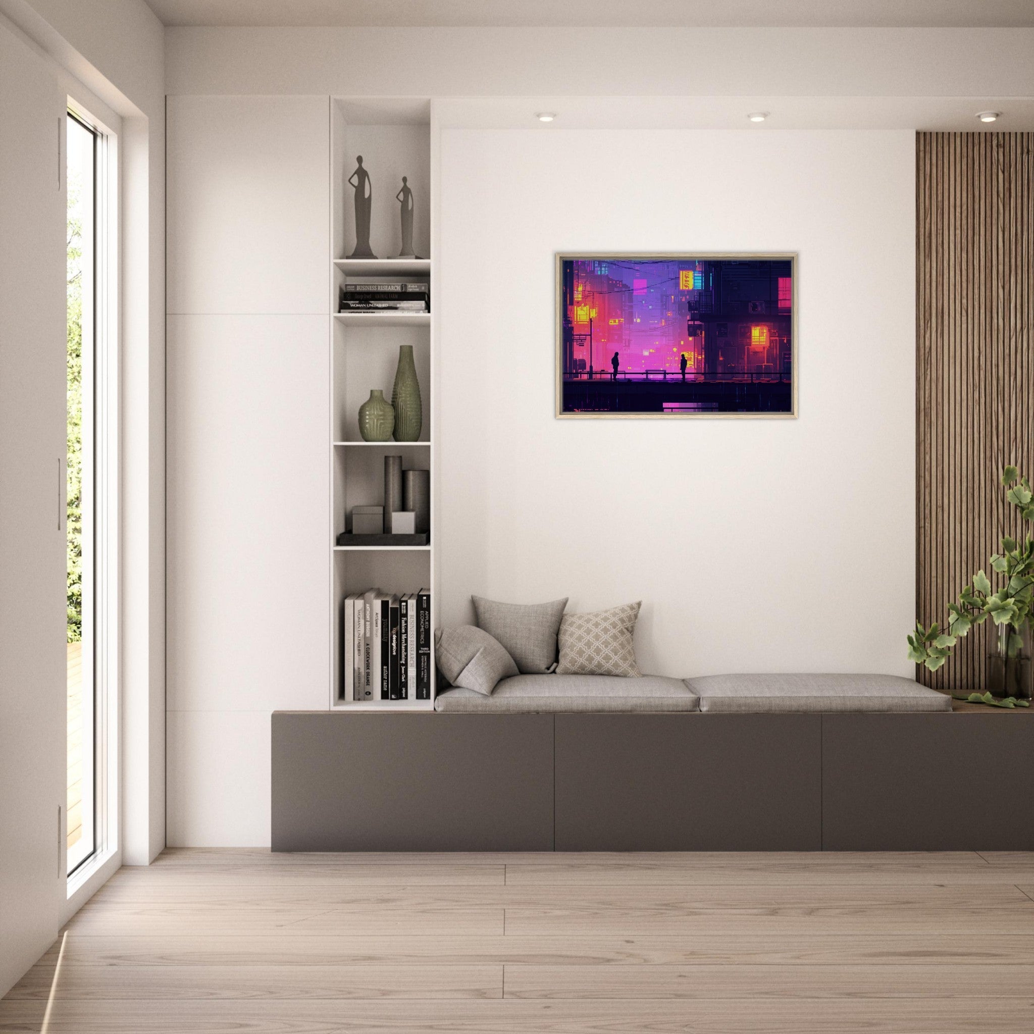 Framed Canvas Landscape - A city where neon lights create impossible rifle 5 - Shop Ai Art WebShop - Digital Art online Store