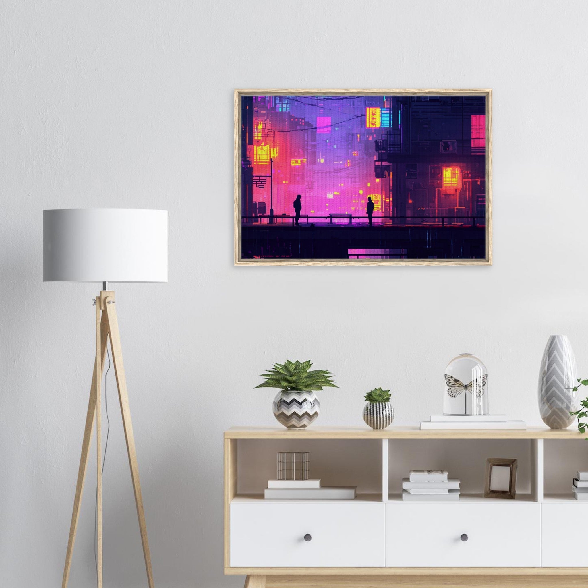 Framed Canvas Landscape - A city where neon lights create impossible rifle 5 - Shop Ai Art WebShop - Digital Art online Store