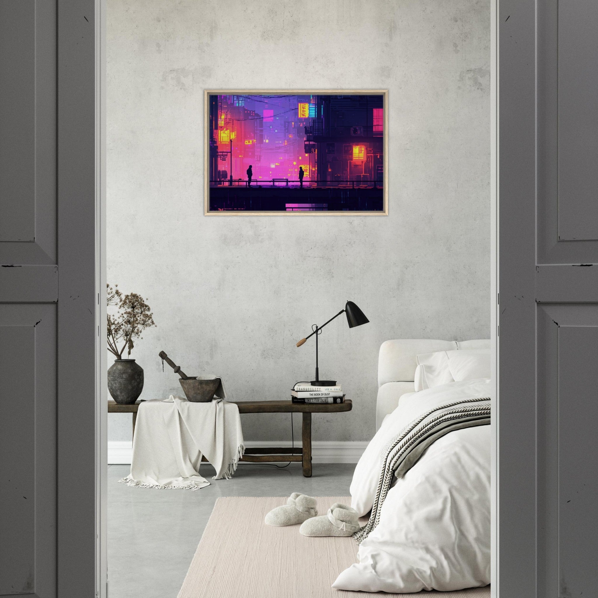 Framed Canvas Landscape - A city where neon lights create impossible rifle 5 - Shop Ai Art WebShop - Digital Art online Store