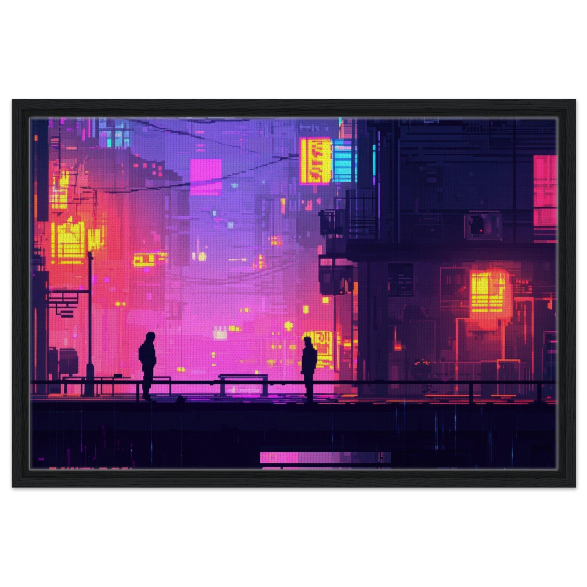 Framed Canvas Landscape - A city where neon lights create impossible rifle 5 - Shop Ai Art WebShop - Digital Art online Store