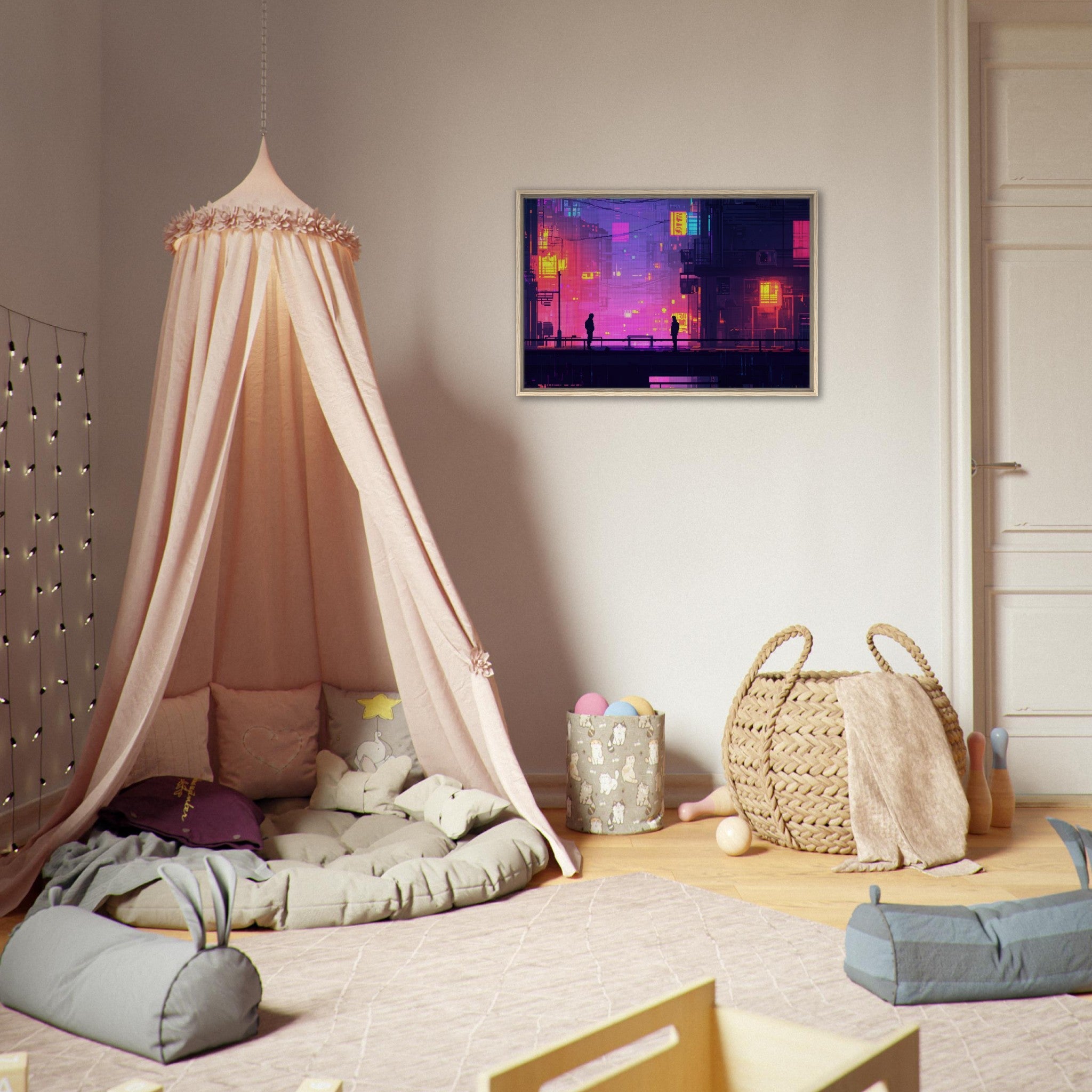 Framed Canvas Landscape - A city where neon lights create impossible rifle 5 - Shop Ai Art WebShop - Digital Art online Store