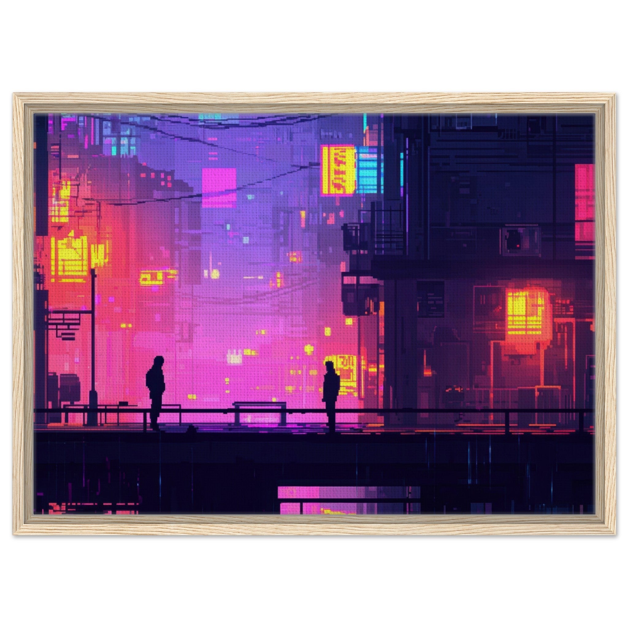Framed Canvas Landscape - A city where neon lights create impossible rifle 5 - Shop Ai Art WebShop - Digital Art online Store