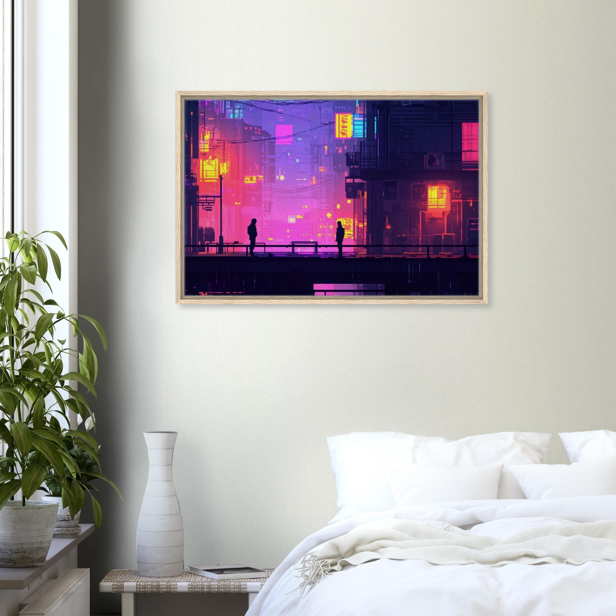 Framed Canvas Landscape - A city where neon lights create impossible rifle 5 - Shop Ai Art WebShop - Digital Art online Store