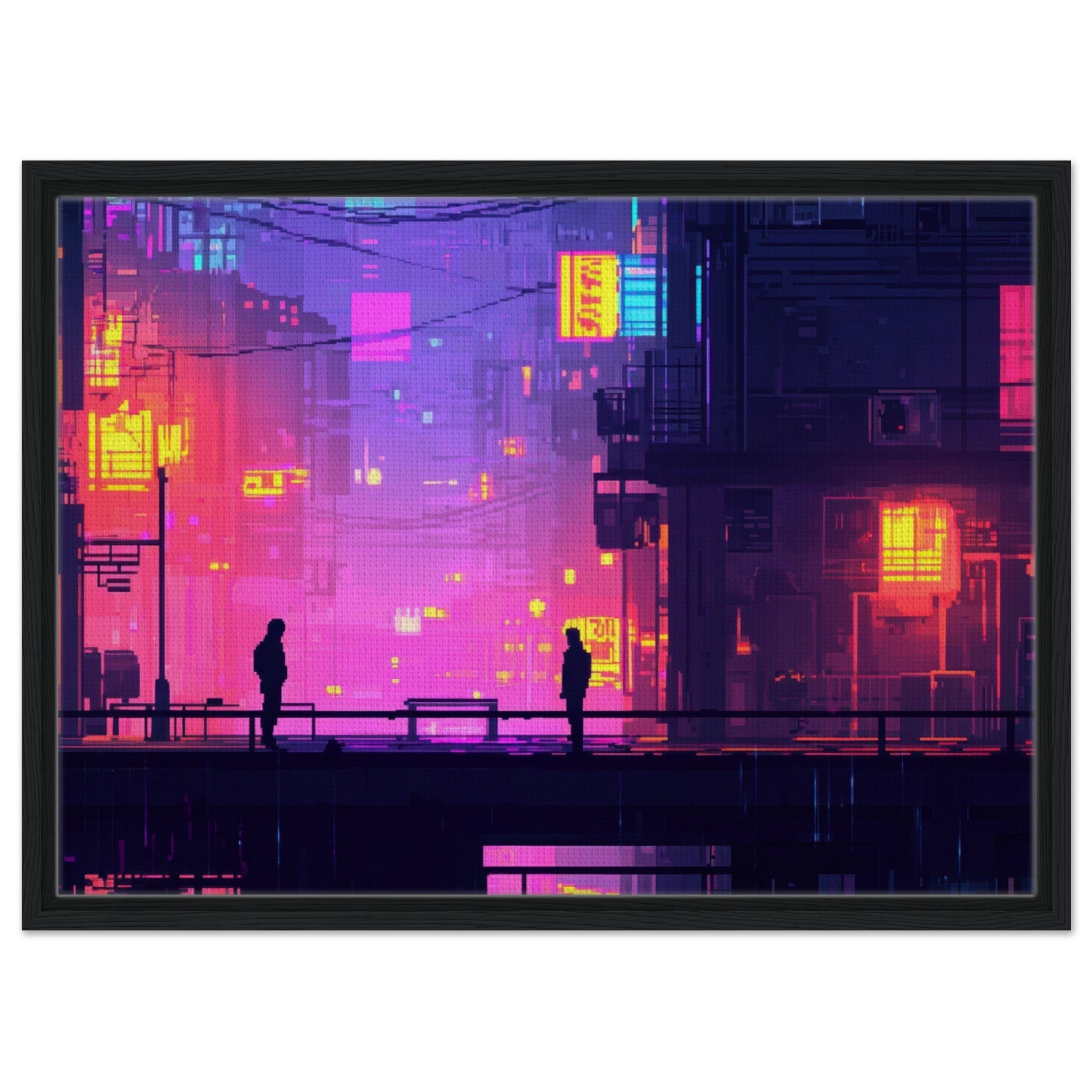 Framed Canvas Landscape - A city where neon lights create impossible rifle 5 - Shop Ai Art WebShop - Digital Art online Store