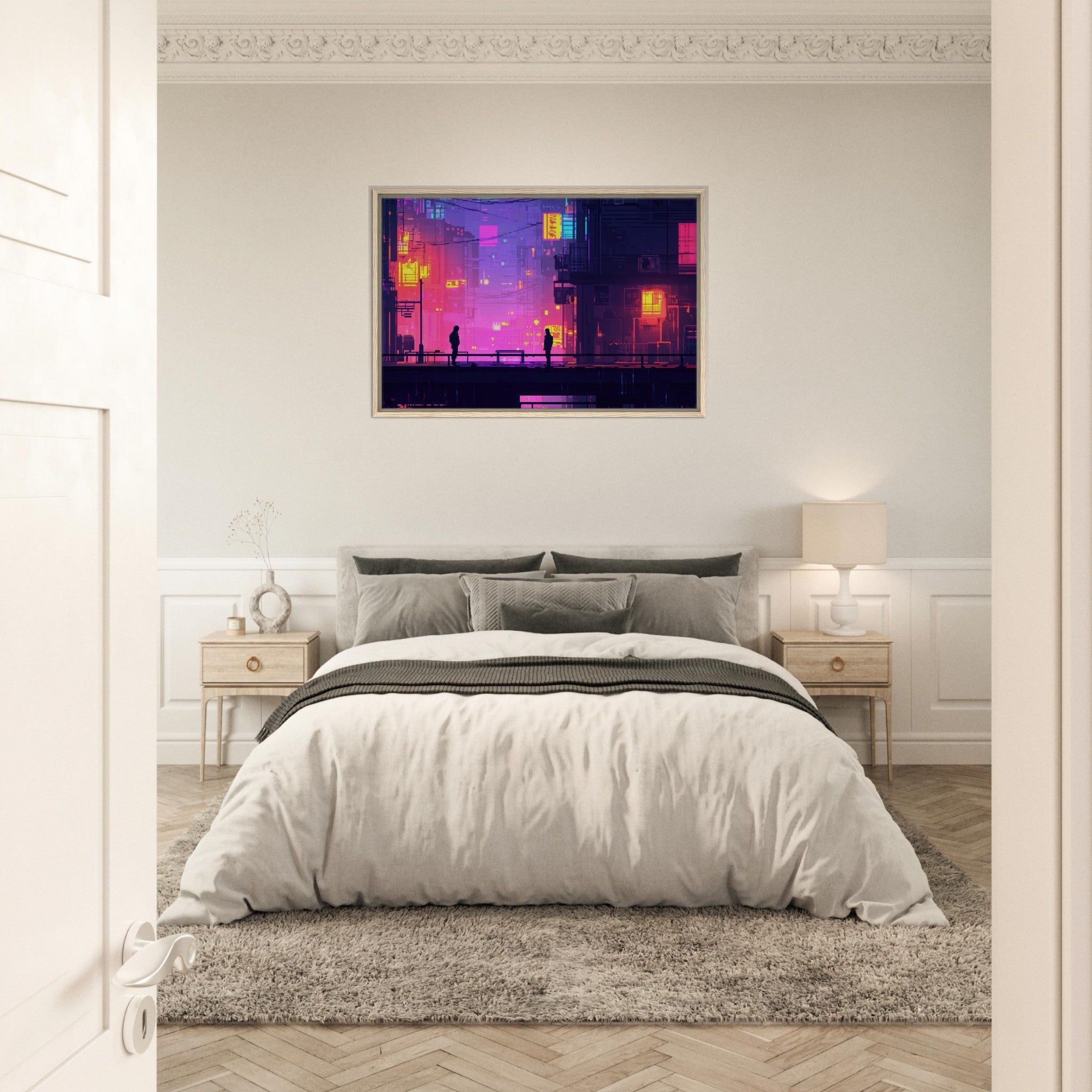 Framed Canvas Landscape - A city where neon lights create impossible rifle 5 - Shop Ai Art WebShop - Digital Art online Store