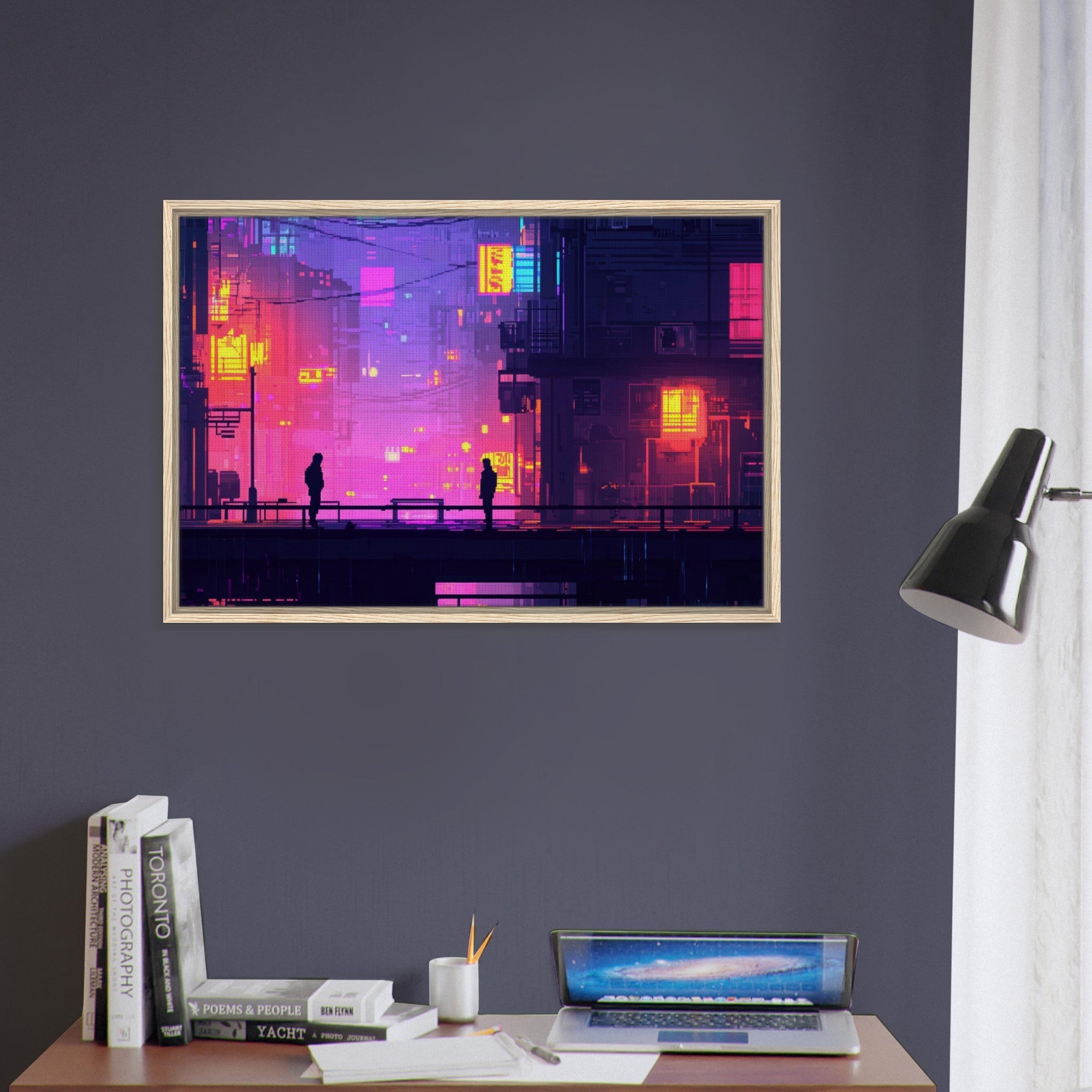 Framed Canvas Landscape - A city where neon lights create impossible rifle 5 - Shop Ai Art WebShop - Digital Art online Store