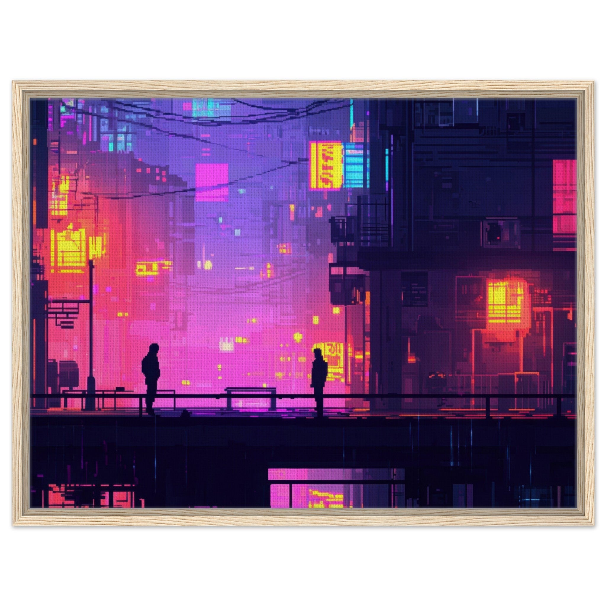 Framed Canvas Landscape - A city where neon lights create impossible rifle 5 - Shop Ai Art WebShop - Digital Art online Store