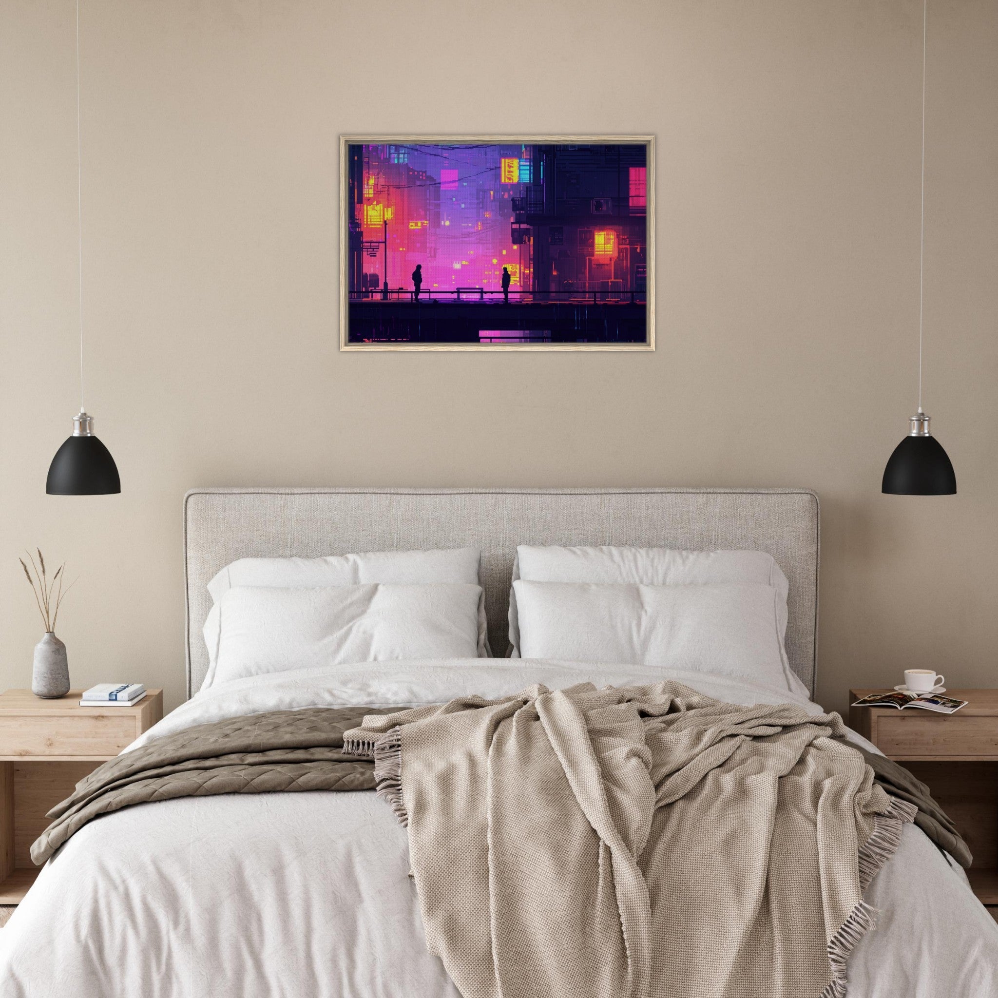 Framed Canvas Landscape - A city where neon lights create impossible rifle 5 - Shop Ai Art WebShop - Digital Art online Store