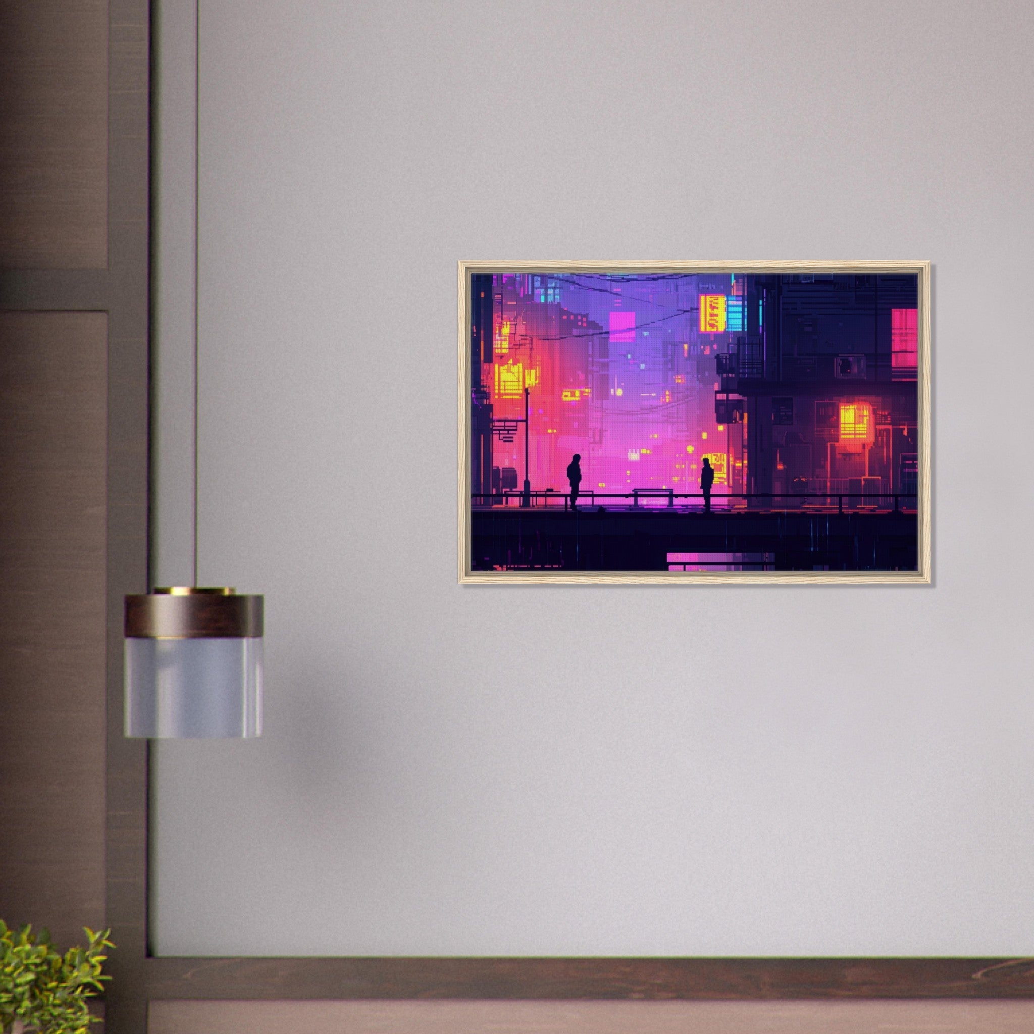 Framed Canvas Landscape - A city where neon lights create impossible rifle 5 - Shop Ai Art WebShop - Digital Art online Store