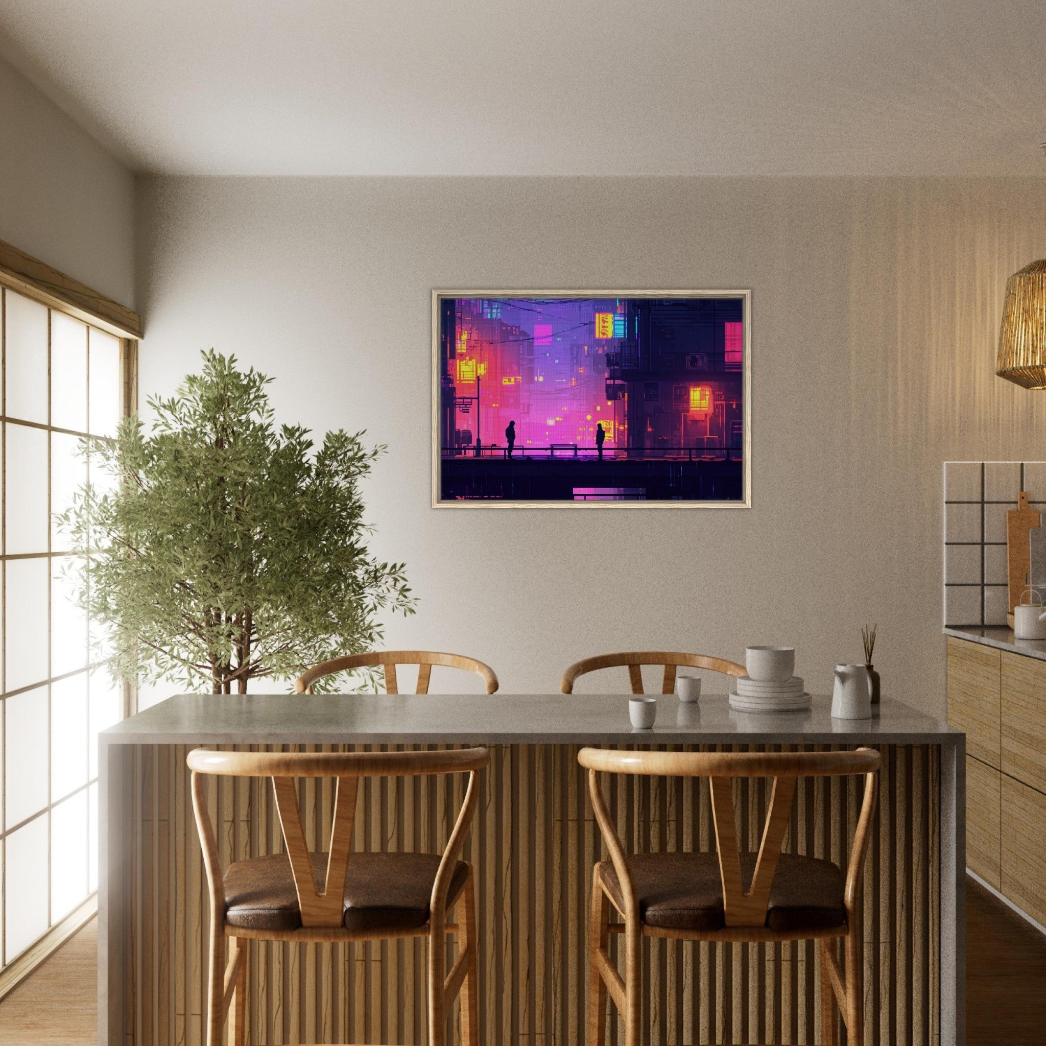 Framed Canvas Landscape - A city where neon lights create impossible rifle 5 - Shop Ai Art WebShop - Digital Art online Store