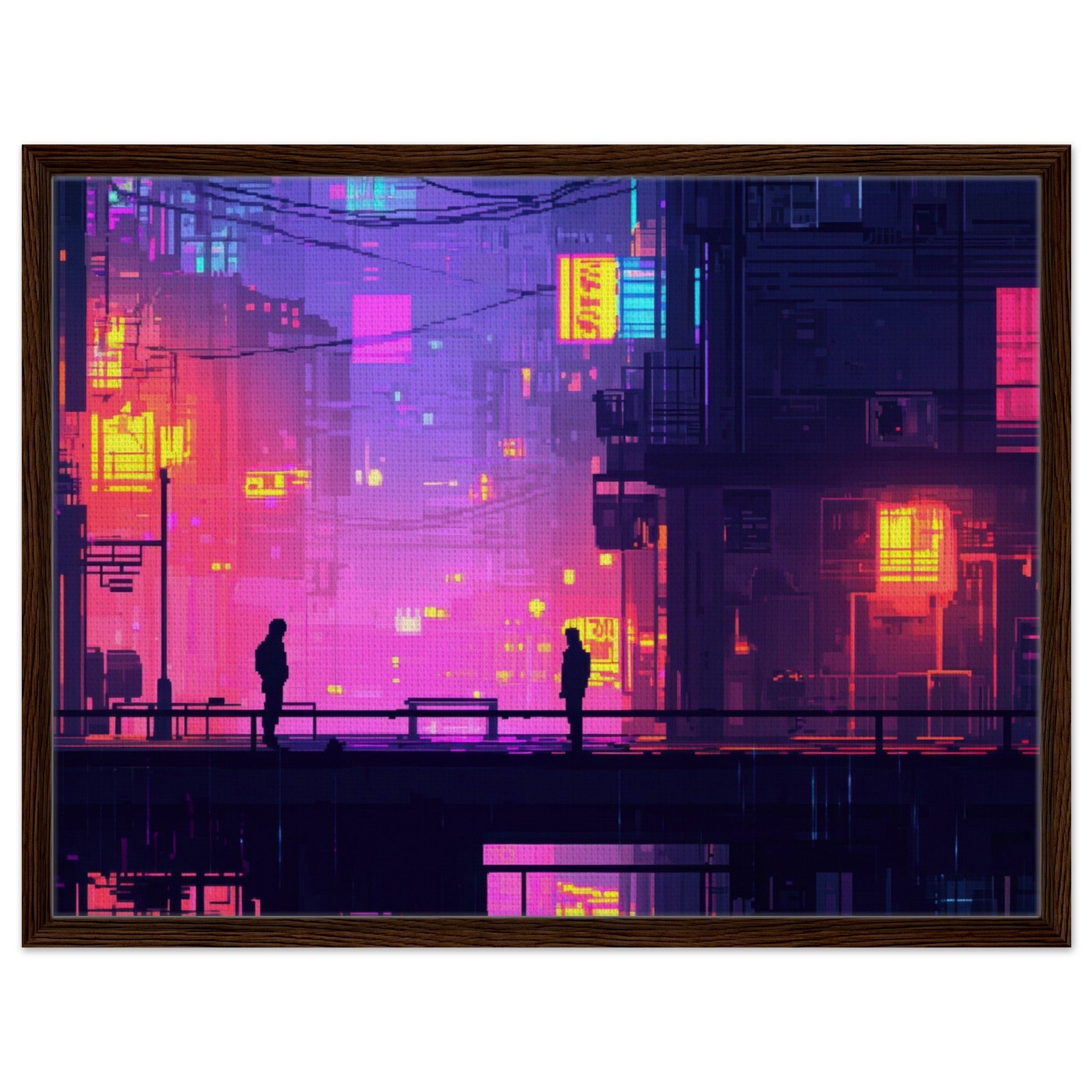 Framed Canvas Landscape - A city where neon lights create impossible rifle 5 - Shop Ai Art WebShop - Digital Art online Store