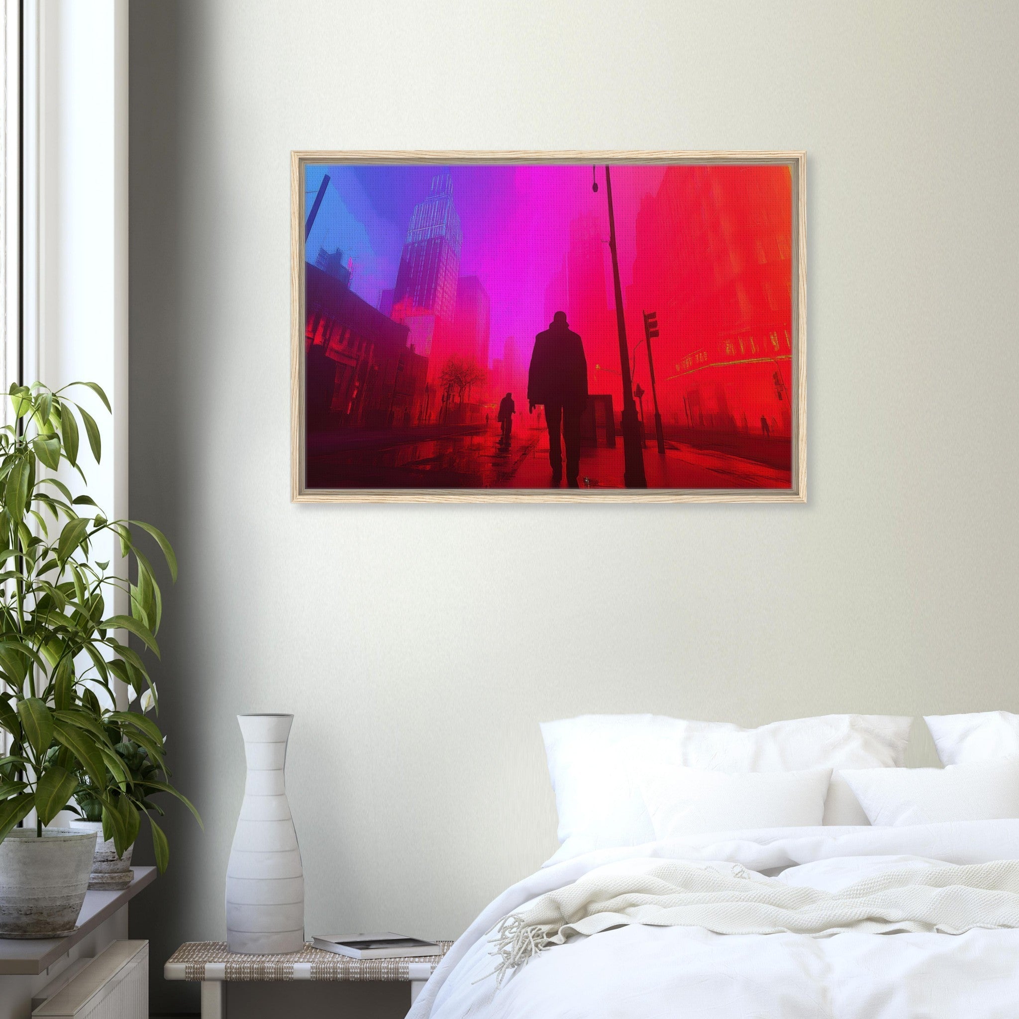 Framed Canvas Landscape - A city where neon lights create impossible rifle - Shop Ai Art WebShop - Digital Art online Store