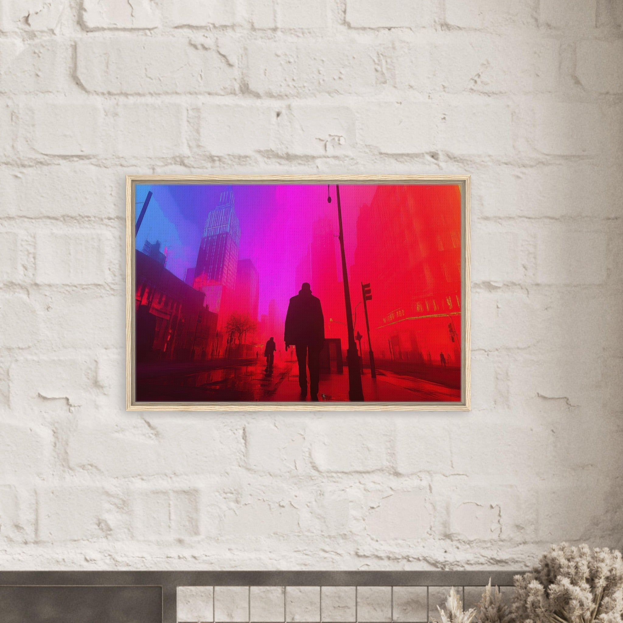 Framed Canvas Landscape - A city where neon lights create impossible rifle - Shop Ai Art WebShop - Digital Art online Store