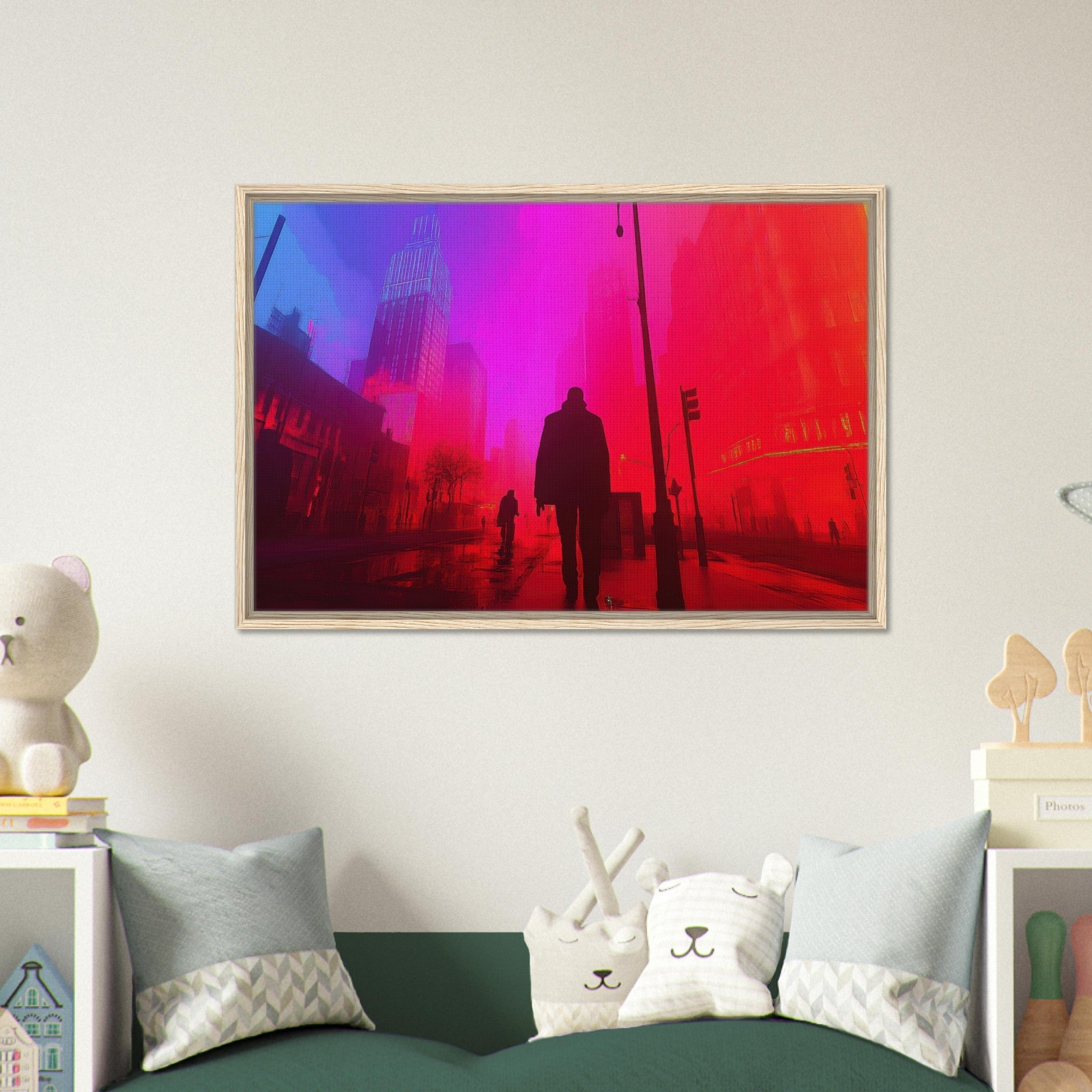 Framed Canvas Landscape - A city where neon lights create impossible rifle - Shop Ai Art WebShop - Digital Art online Store