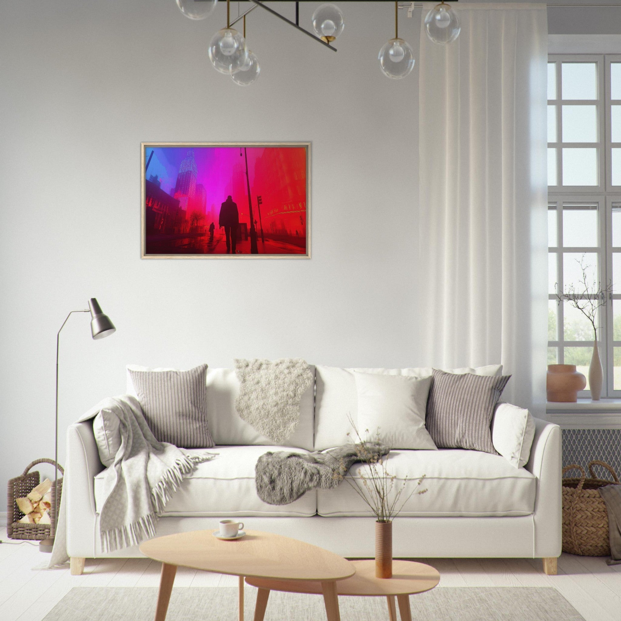 Framed Canvas Landscape - A city where neon lights create impossible rifle - Shop Ai Art WebShop - Digital Art online Store