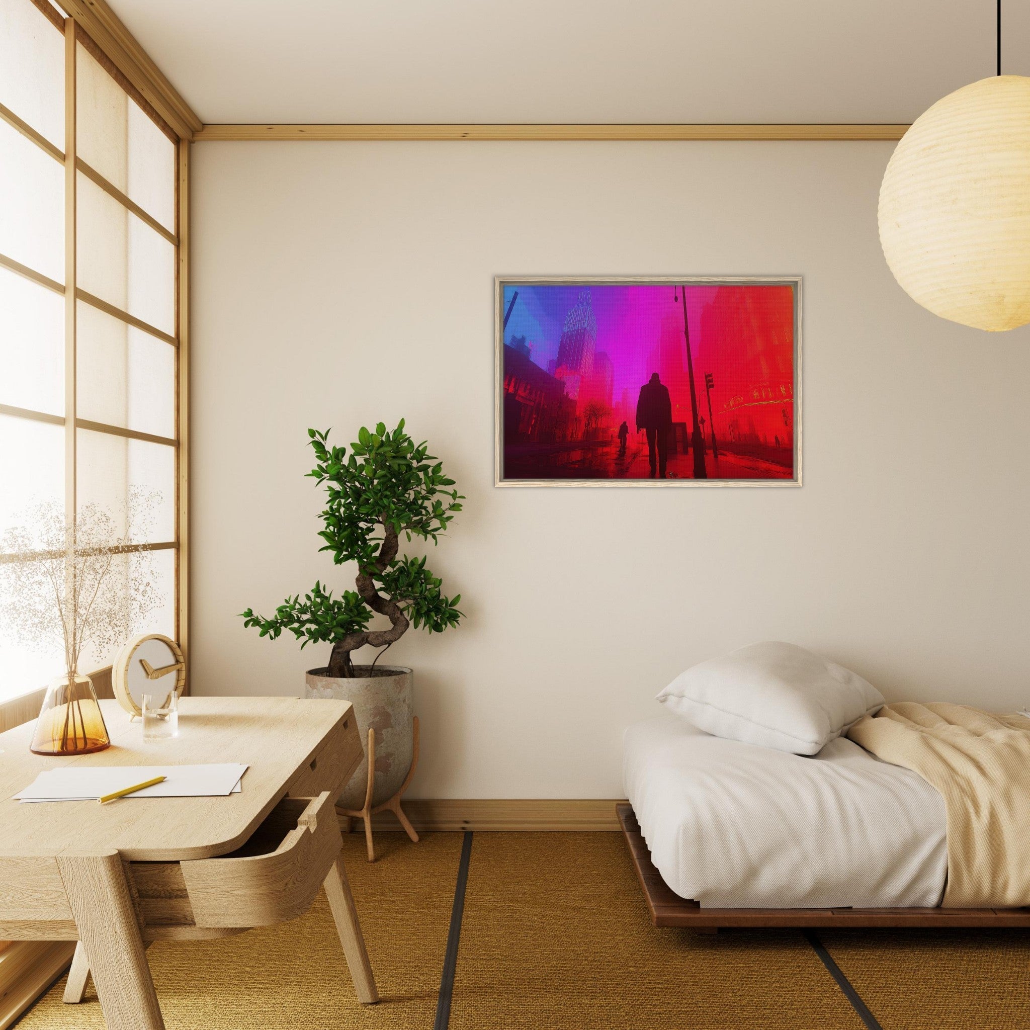 Framed Canvas Landscape - A city where neon lights create impossible rifle - Shop Ai Art WebShop - Digital Art online Store