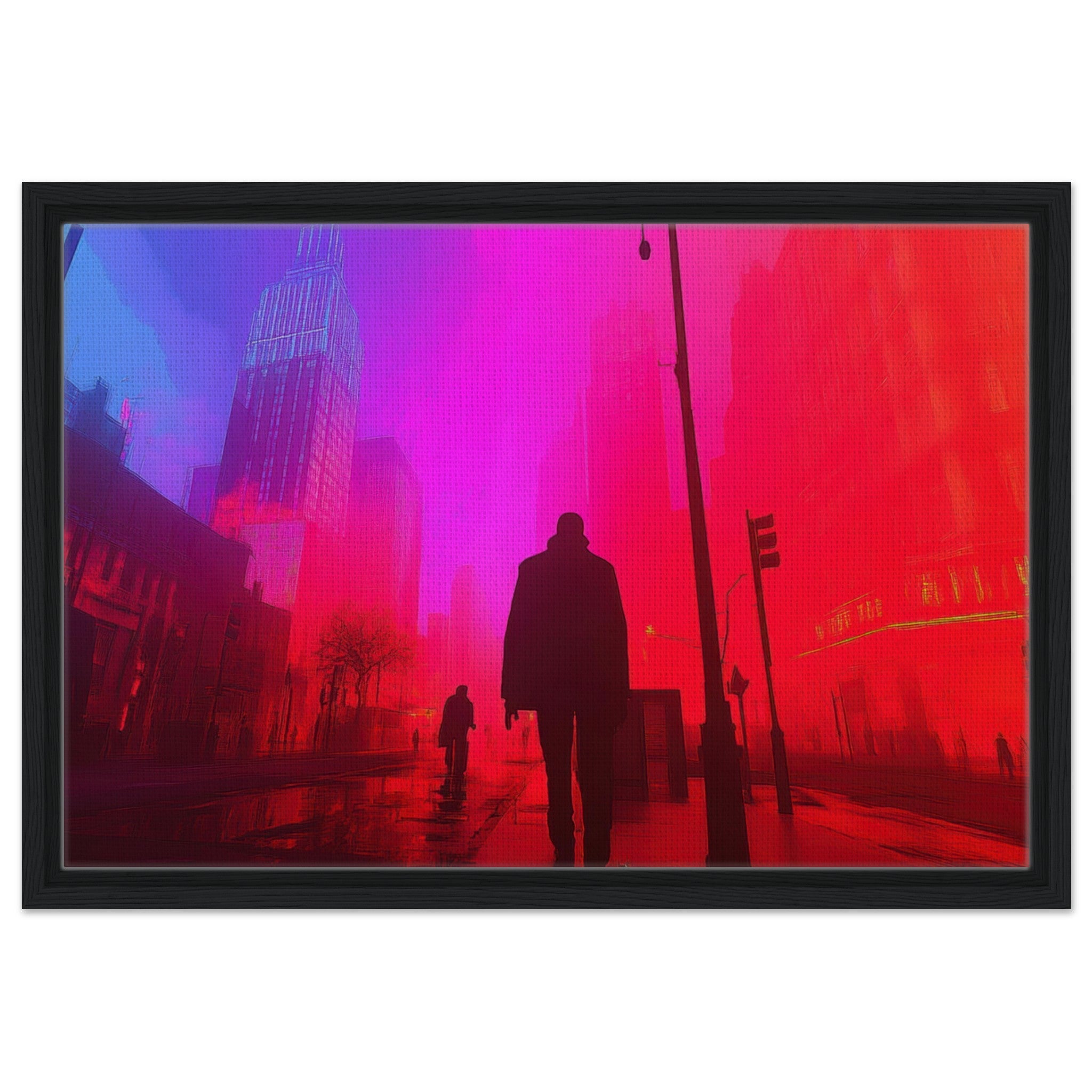 Framed Canvas Landscape - A city where neon lights create impossible rifle - Shop Ai Art WebShop - Digital Art online Store