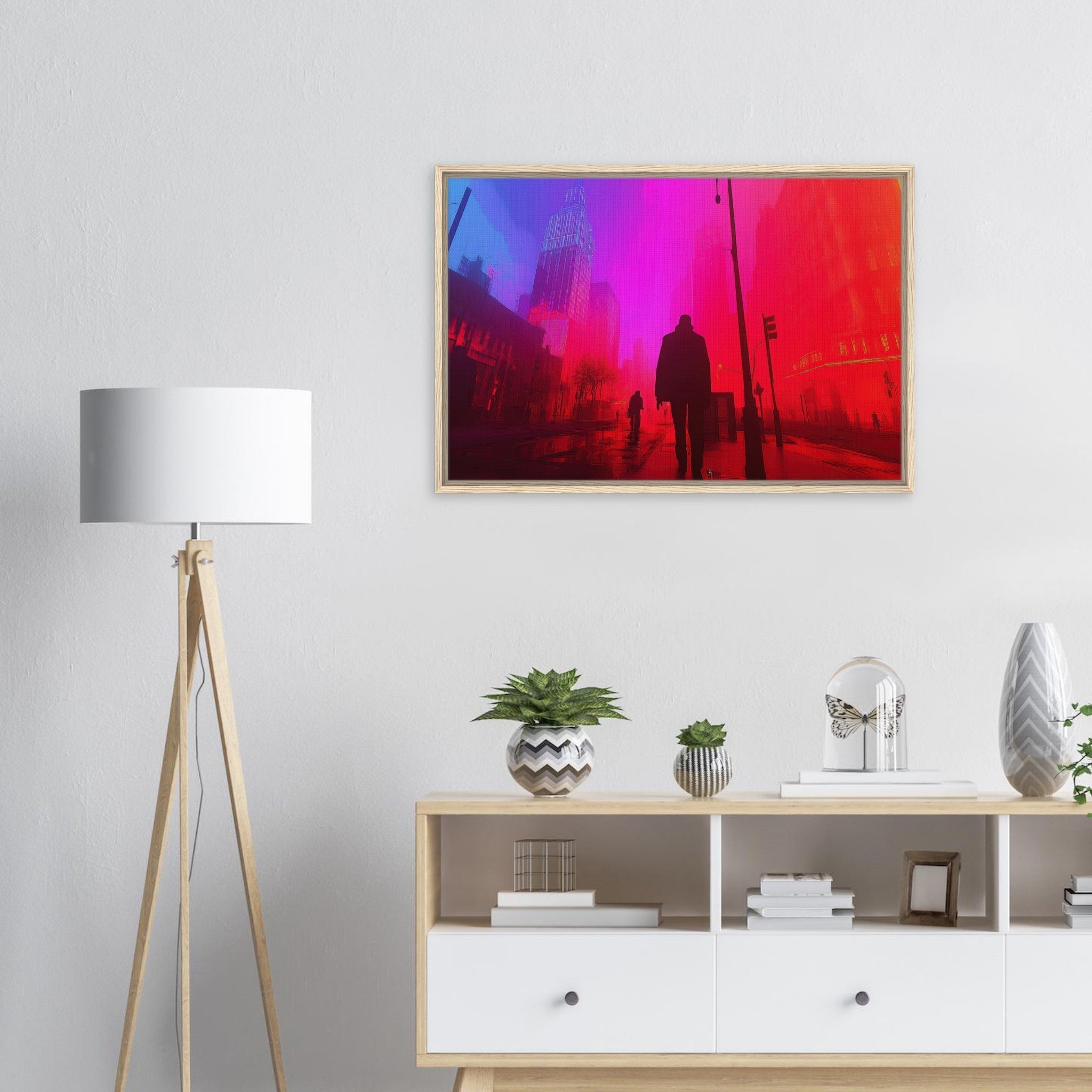 Framed Canvas Landscape - A city where neon lights create impossible rifle - Shop Ai Art WebShop - Digital Art online Store