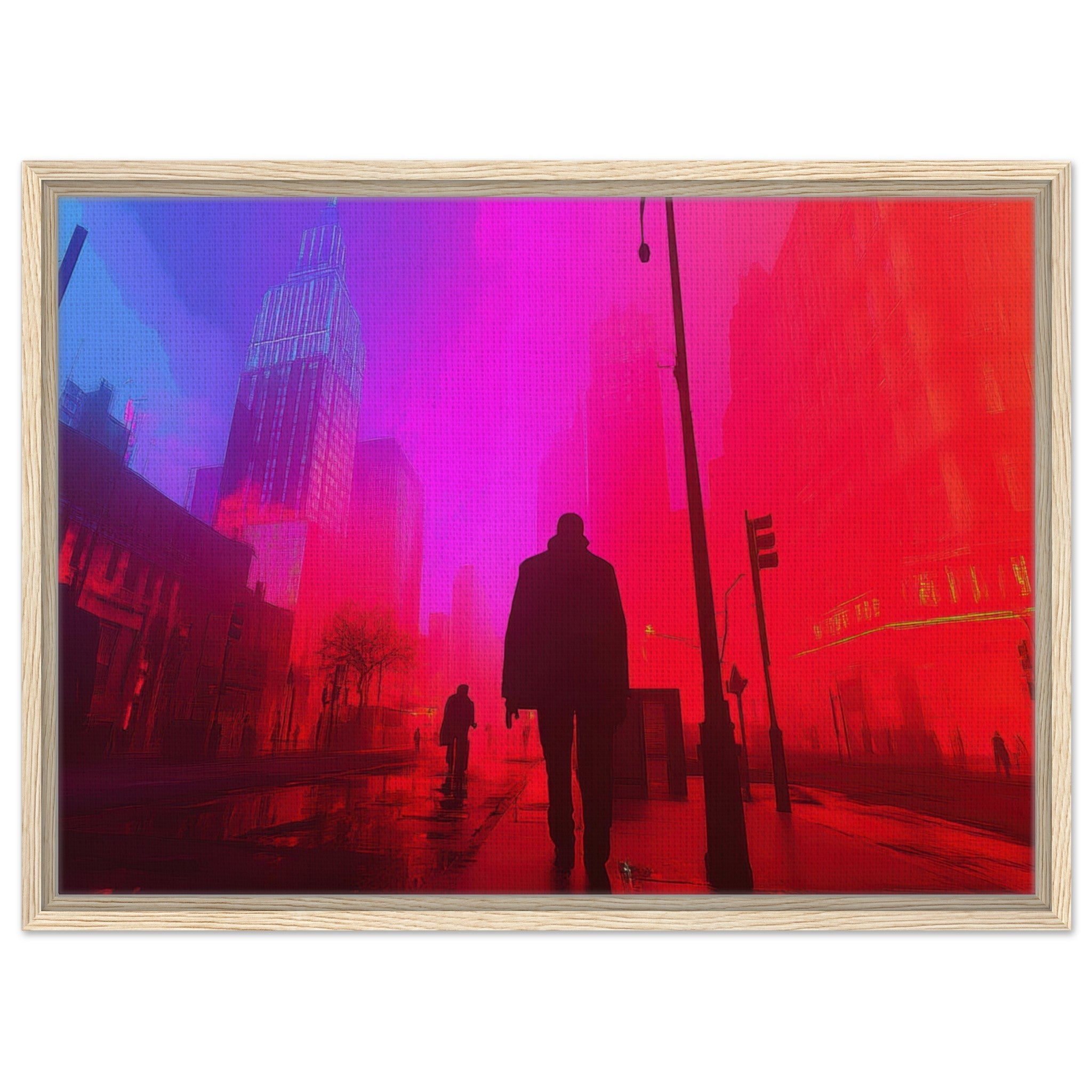 Framed Canvas Landscape - A city where neon lights create impossible rifle - Shop Ai Art WebShop - Digital Art online Store
