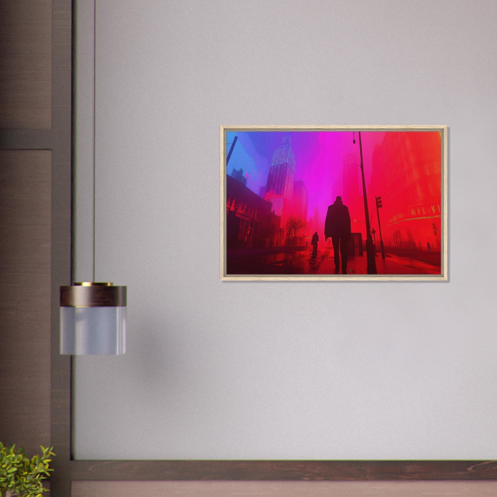 Framed Canvas Landscape - A city where neon lights create impossible rifle - Shop Ai Art WebShop - Digital Art online Store