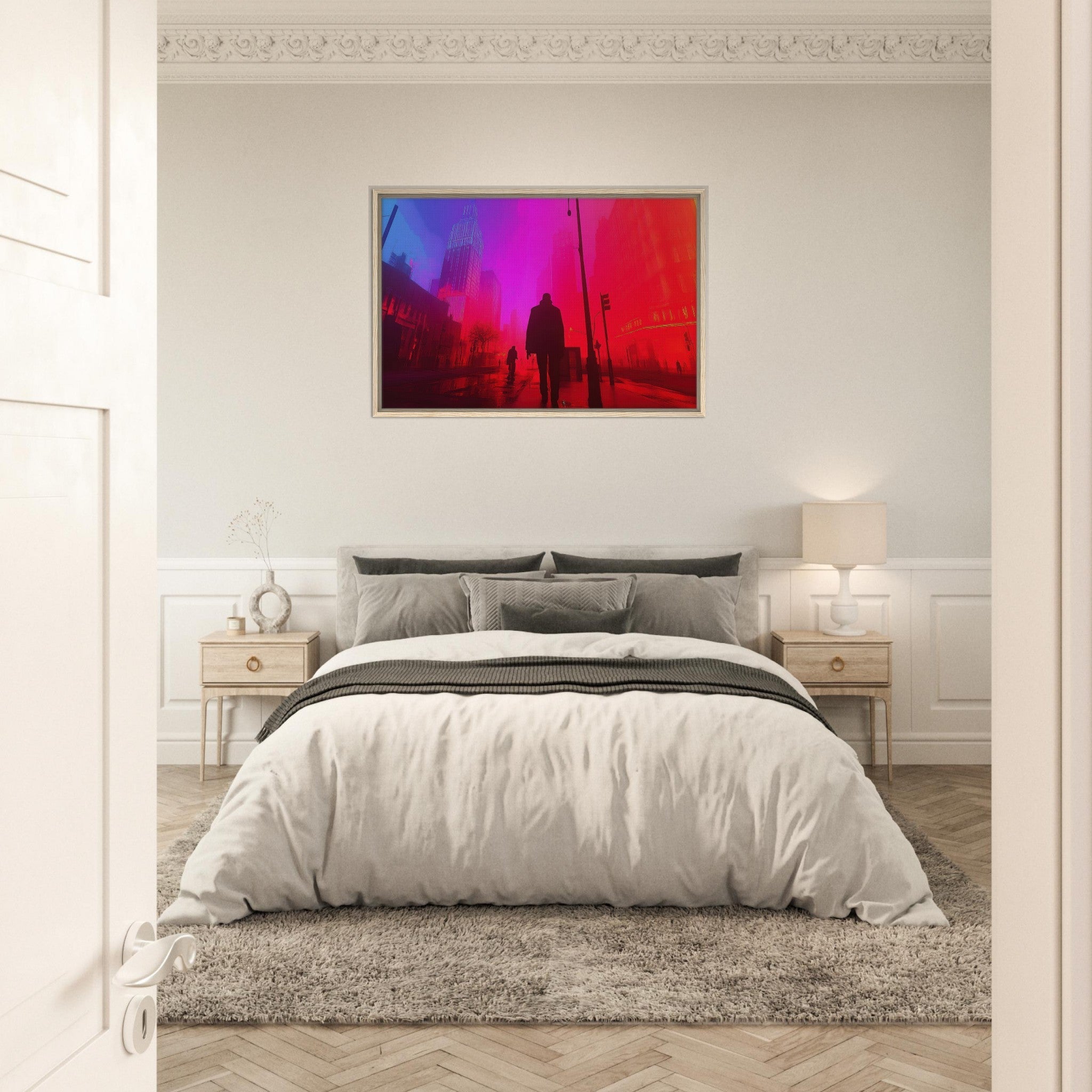 Framed Canvas Landscape - A city where neon lights create impossible rifle - Shop Ai Art WebShop - Digital Art online Store