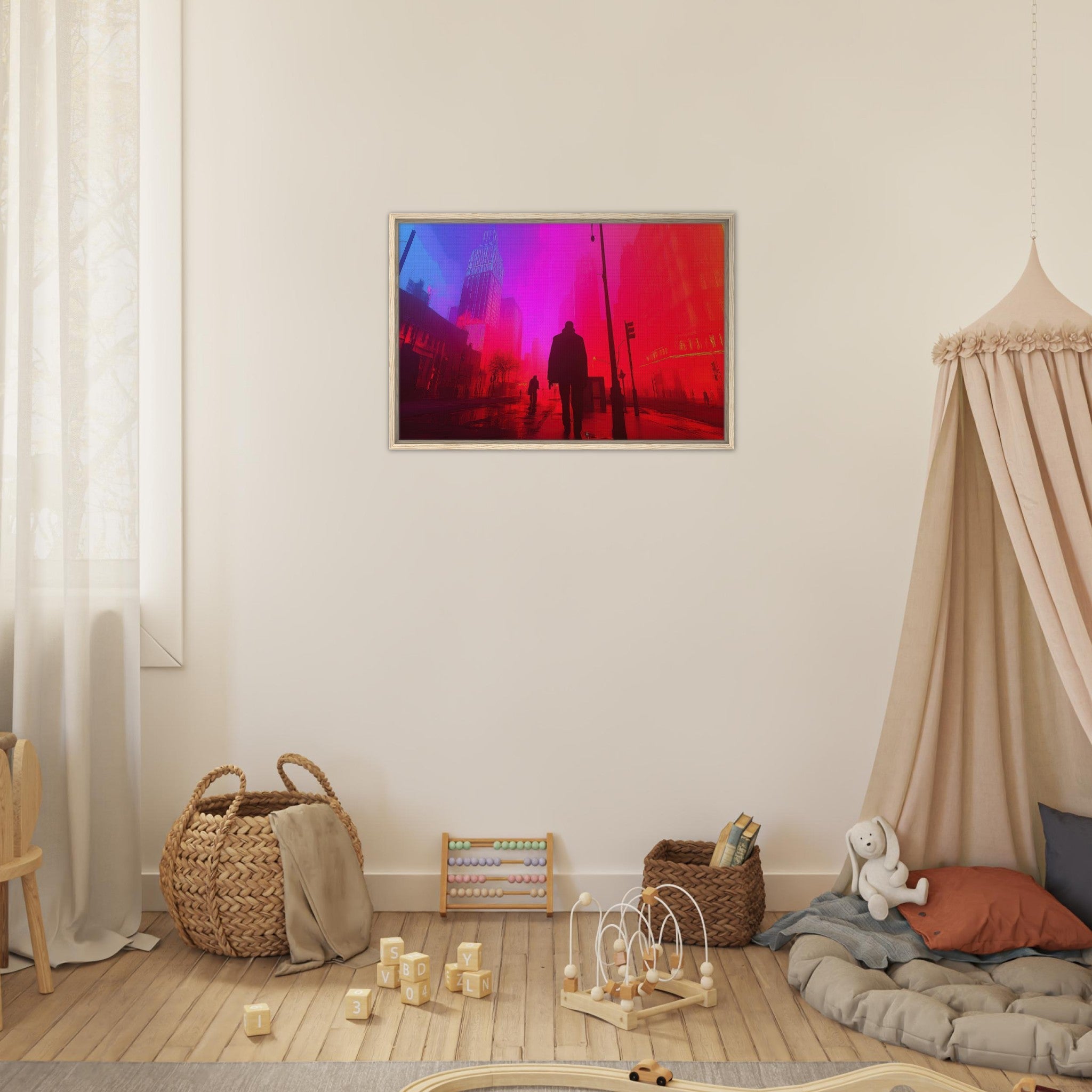 Framed Canvas Landscape - A city where neon lights create impossible rifle - Shop Ai Art WebShop - Digital Art online Store