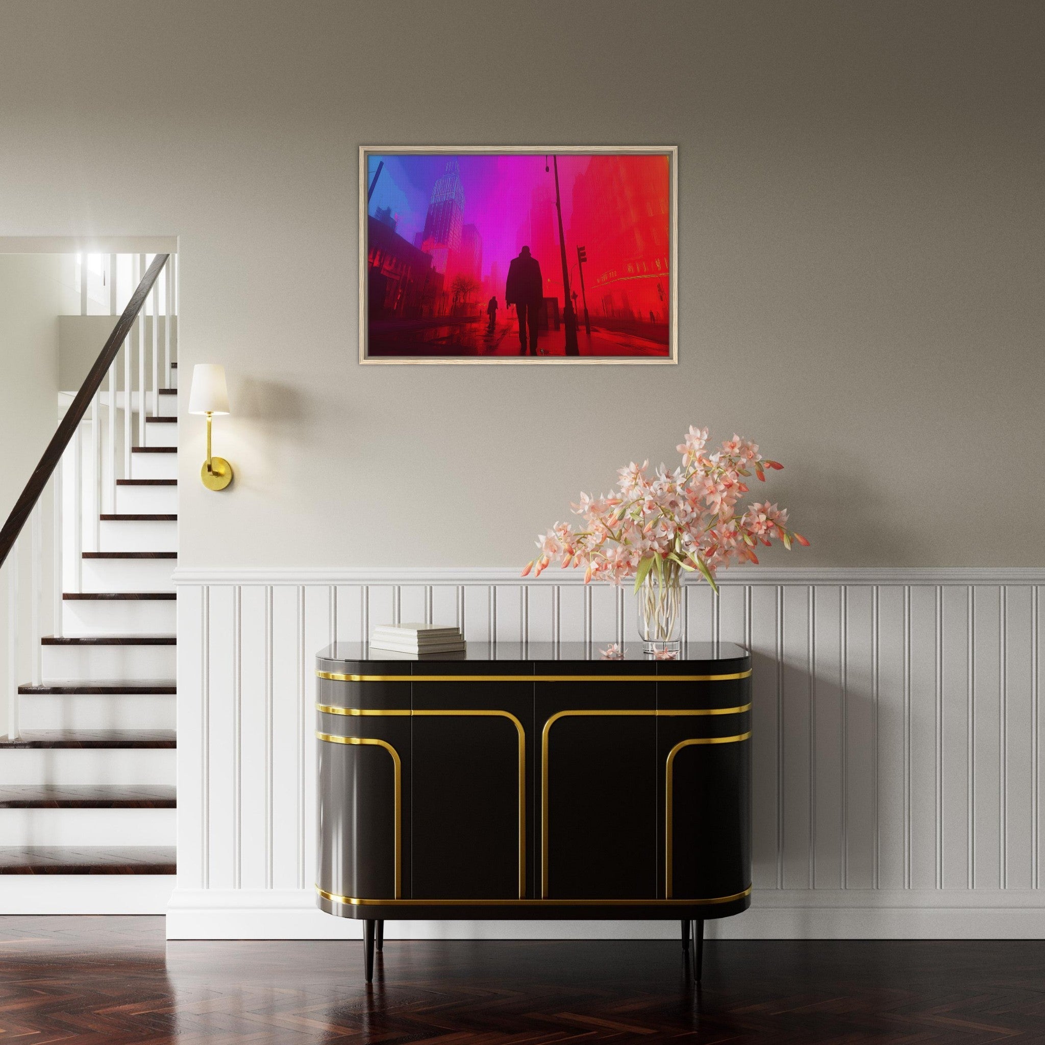 Framed Canvas Landscape - A city where neon lights create impossible rifle - Shop Ai Art WebShop - Digital Art online Store