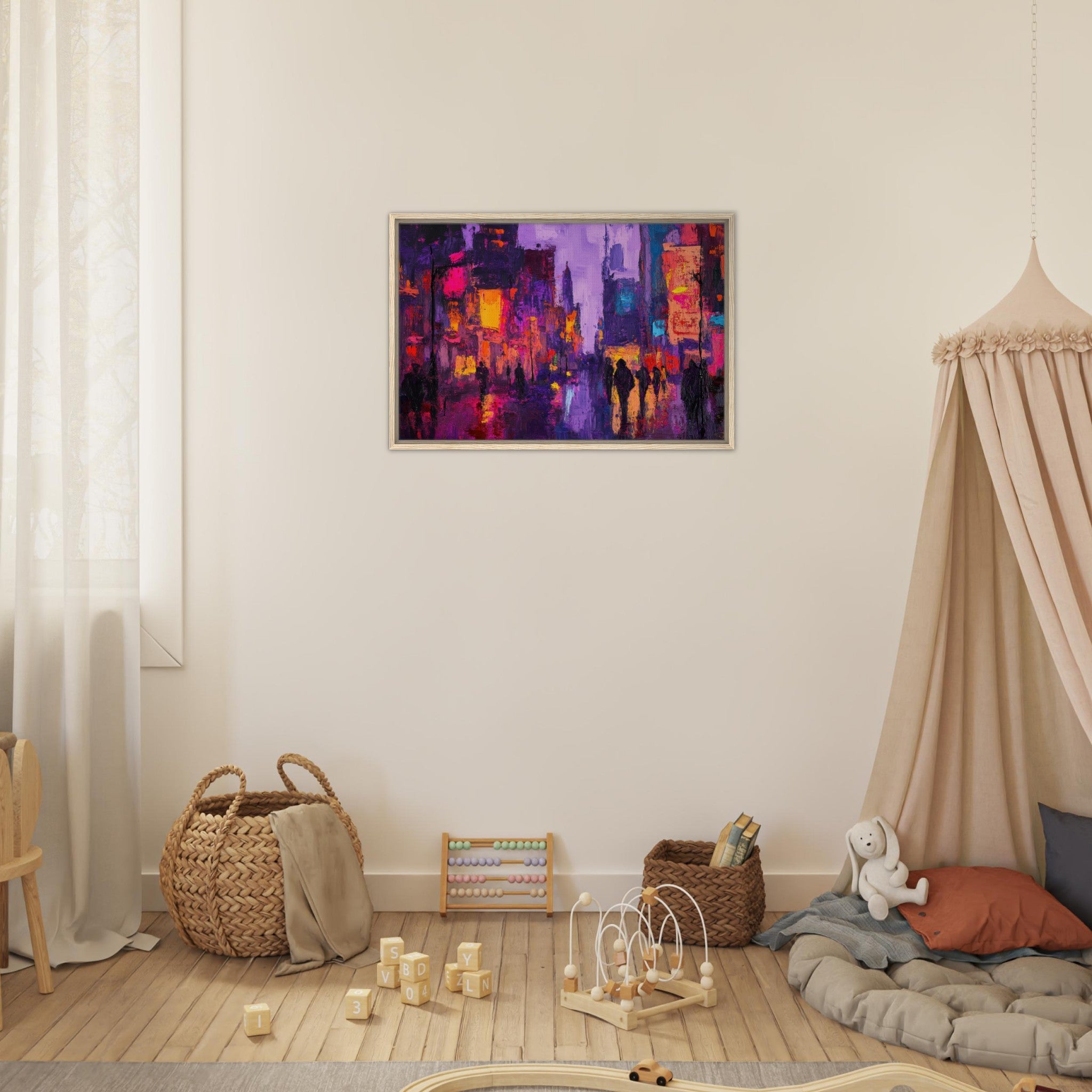 Framed Canvas Landscape - A cityscape bathed in the dim glow of streetligh 3 - Shop Ai Art WebShop - Digital Art online Store