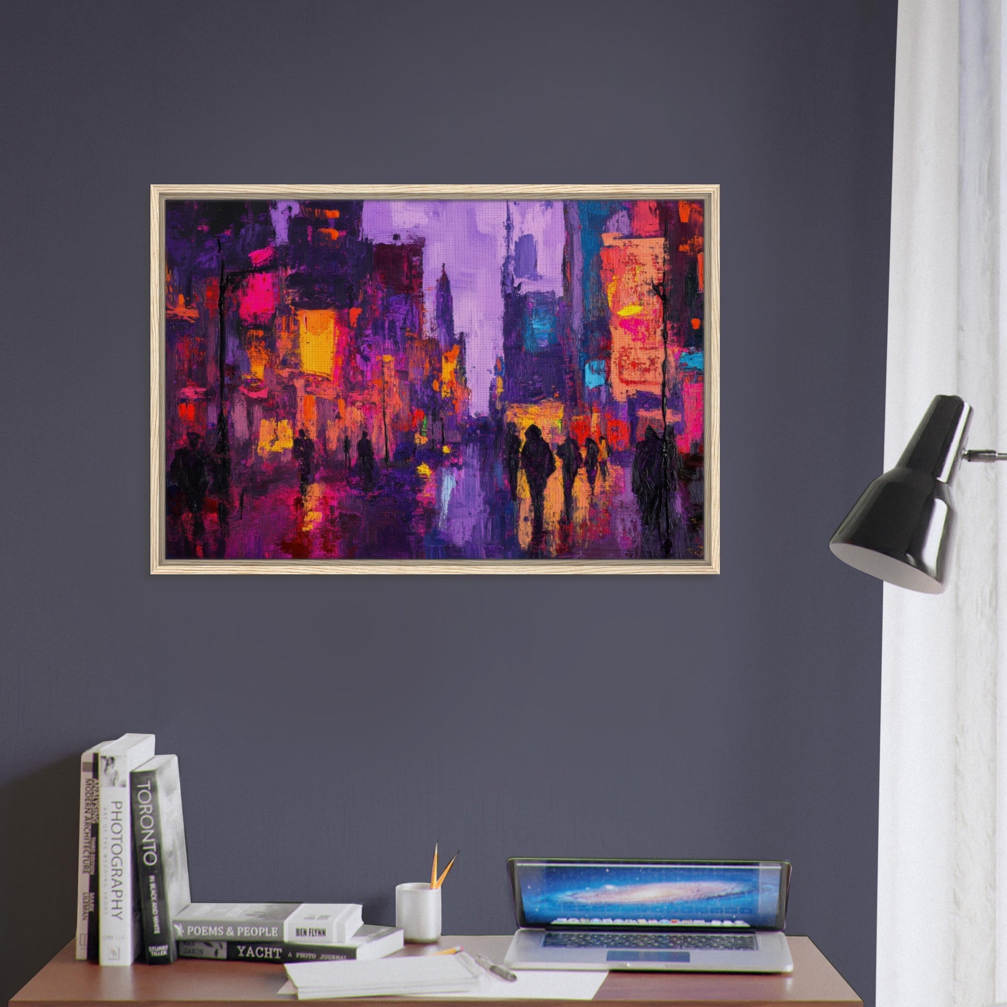Framed Canvas Landscape - A cityscape bathed in the dim glow of streetligh 3 - Shop Ai Art WebShop - Digital Art online Store